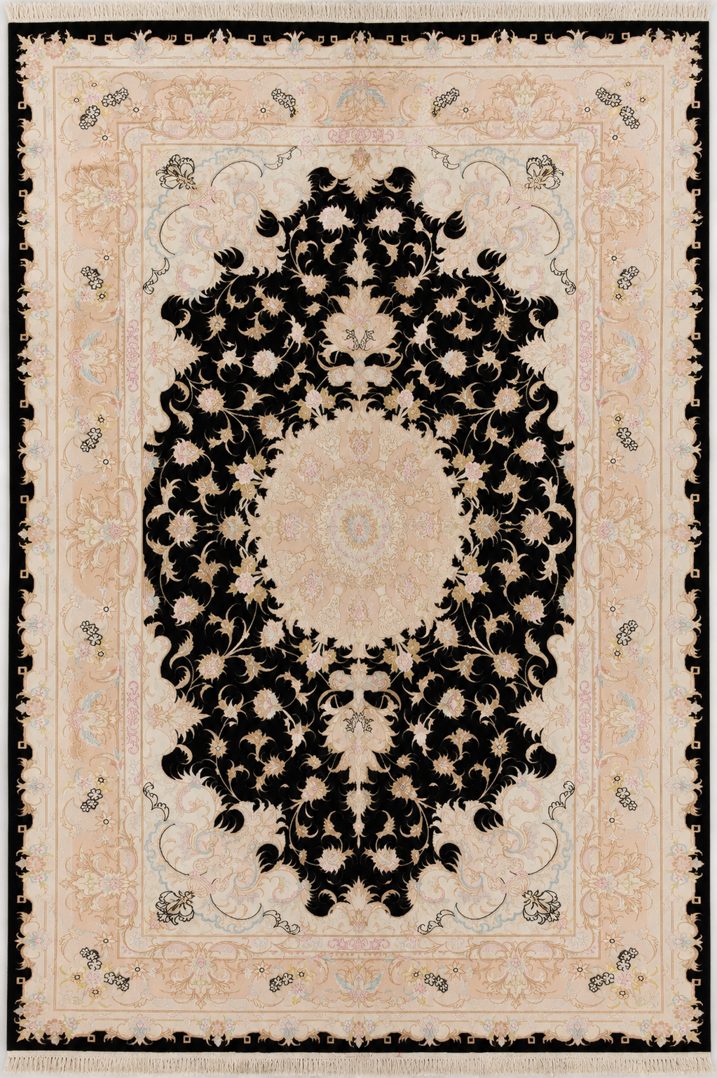 Tabriz Wool and Silk Black/Beige/Pink Fine Hand Knotted 10 X 7 FT