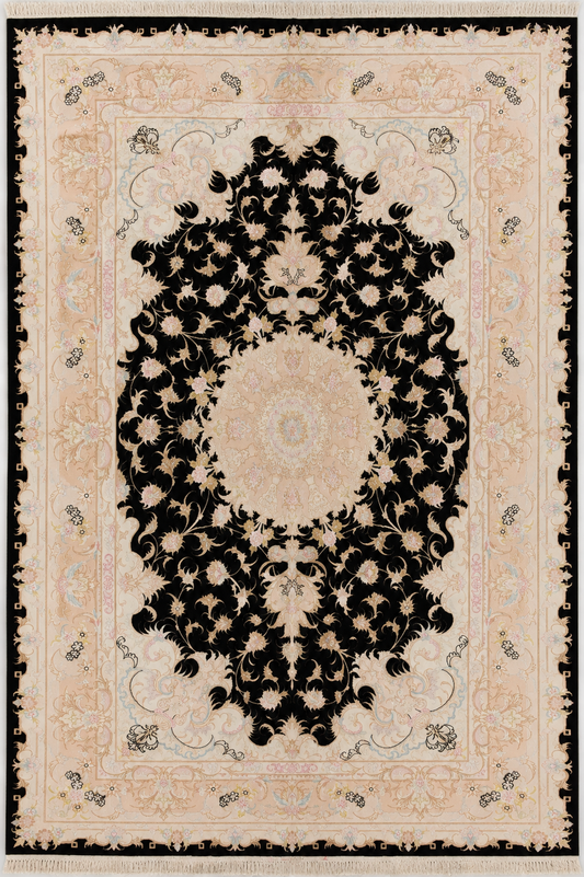 Tabriz Wool and Silk Black/Beige/Pink Fine Hand Knotted 10 X 7 FT