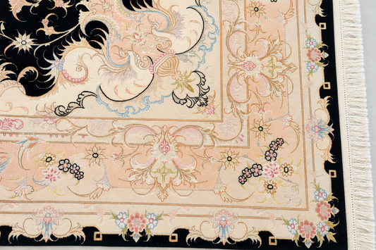 Tabriz Wool and Silk Black/Beige/Pink Fine Hand Knotted 10 X 7 FT
