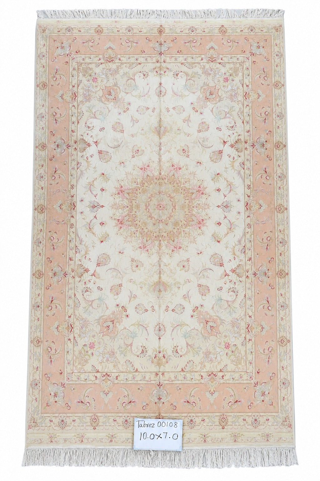 Tabriz Wool and Silk Cream Pink Fine Hand Knotted