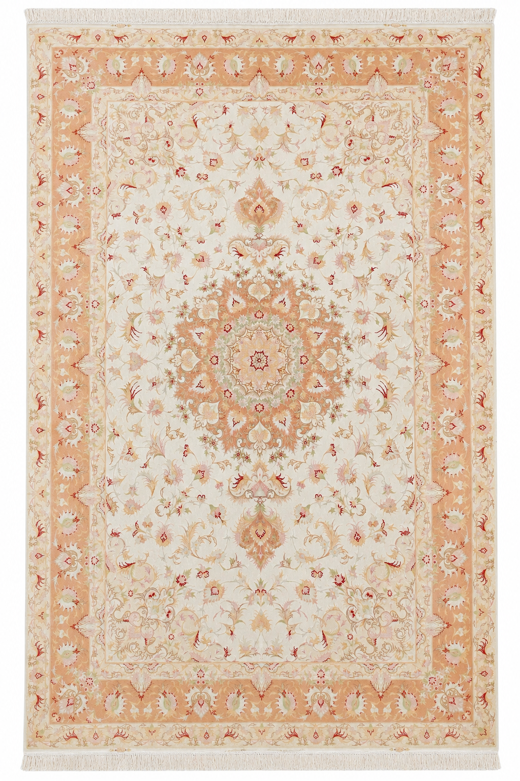Tabriz Royal Wool and Silk on Silk Base Cream/Peach Fine Hand Knotted