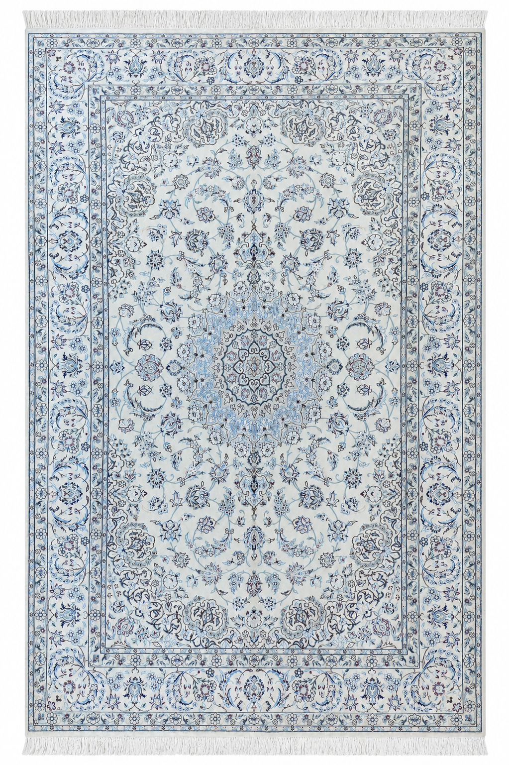 Nein Wool and Silk Made from Kurk Wool Fine Hand Knotted Cream/blue