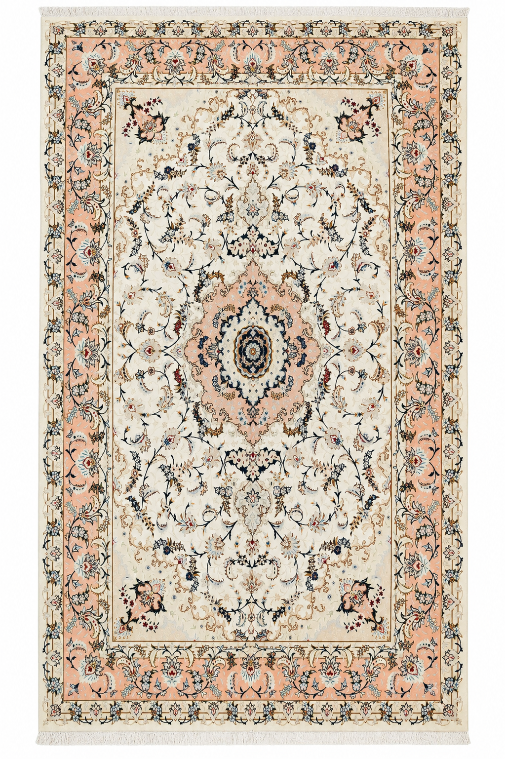 Tabriz Wool and Silk Cream/ Peach Fine Hand Knotted