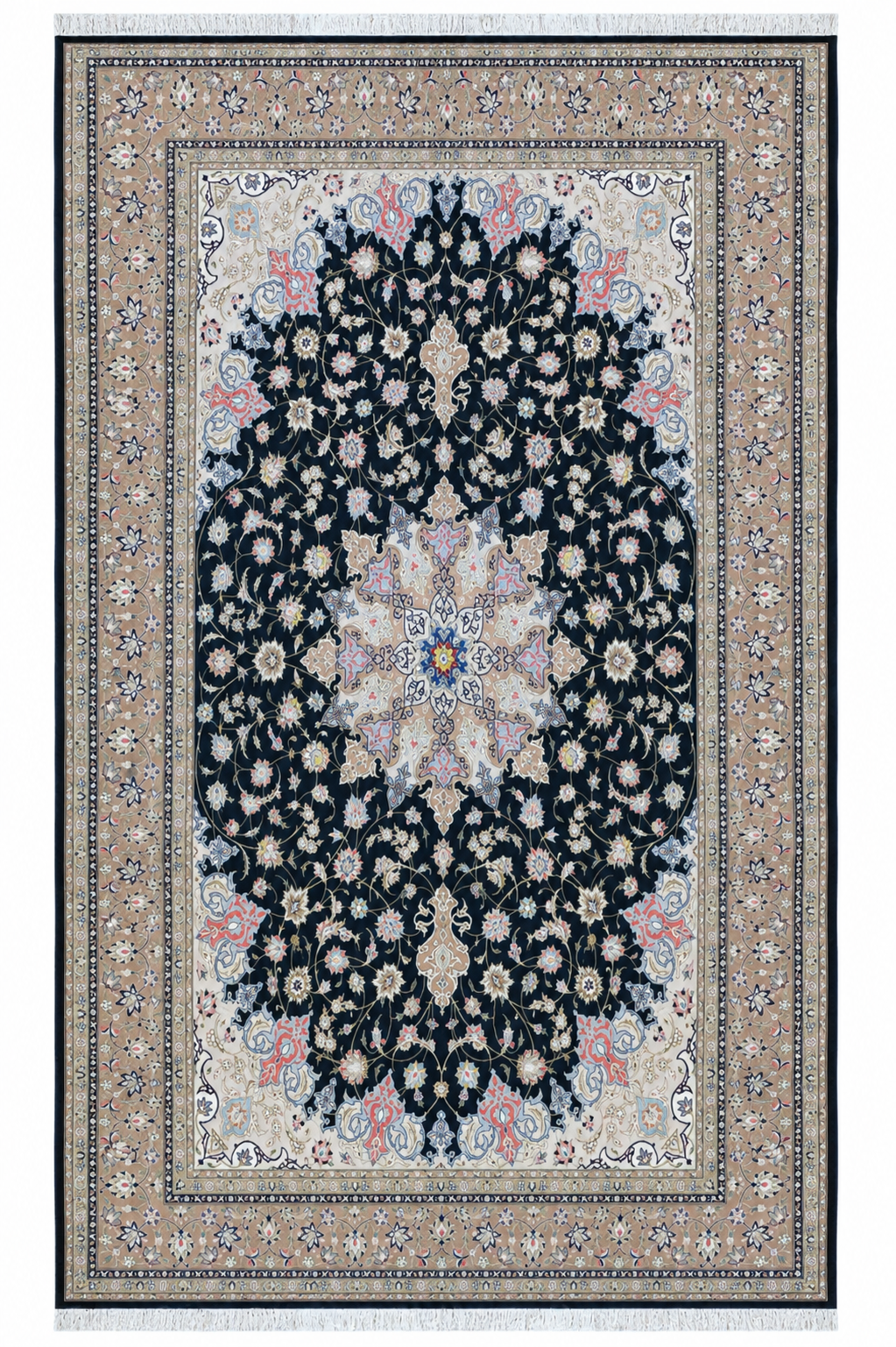 Tabriz Wool and Silk Black /Beige Fine Hand Knotted 11 by 8 FT