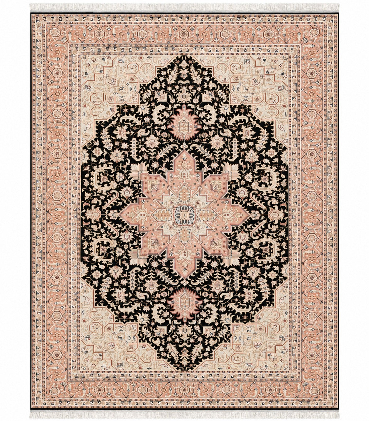 Tabriz Herez Wool and Silk Black/Pink Fine Hand Knotted 10 X 7 FT