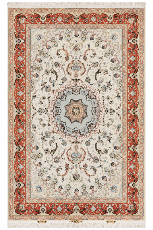 Tabriz Wool and Silk Cream/Peach Fine Hand Knotted 10 X 7 FT