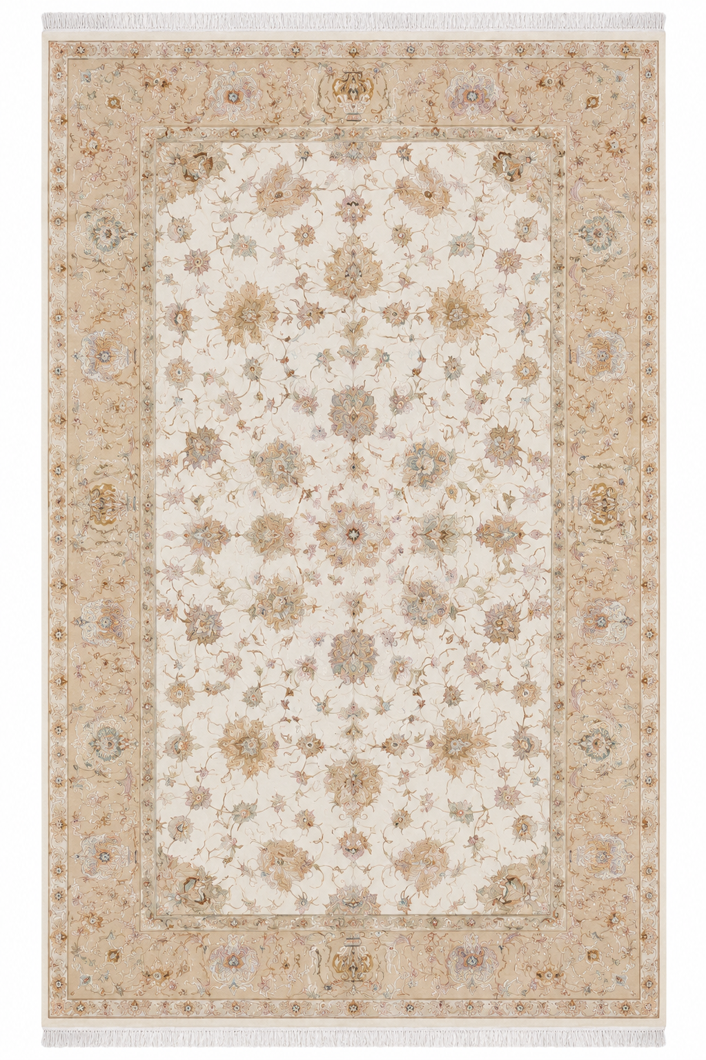 Tabriz Wool and Silk Cream/Beige Fine Hand Knotted 10 X 7 FT