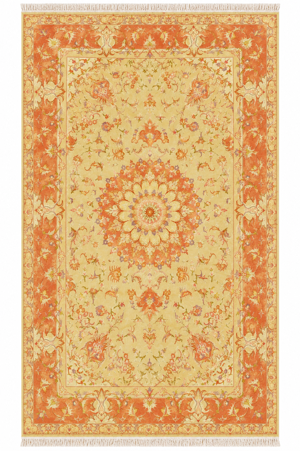 Tabriz Wool and Silk Cream Peach Fine Hand Knotted 10 X 7 FT