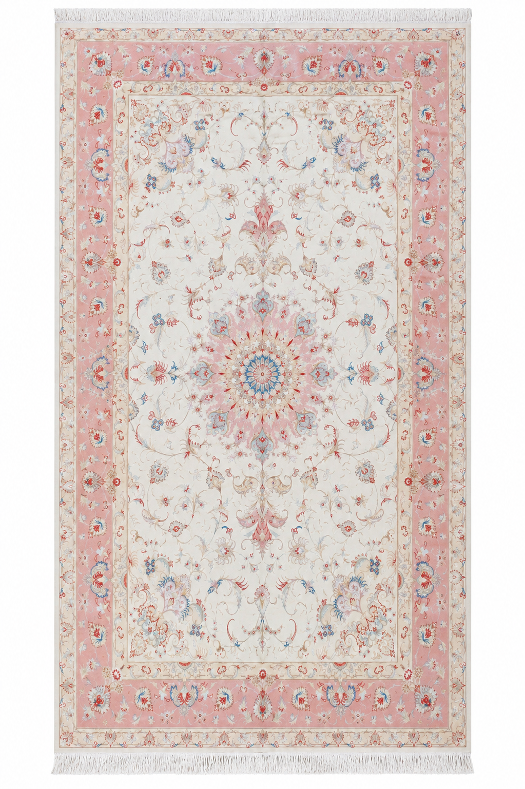 Tabriz Wool and Silk Cream Pink Fine Hand Knotted 10 X 7 FT