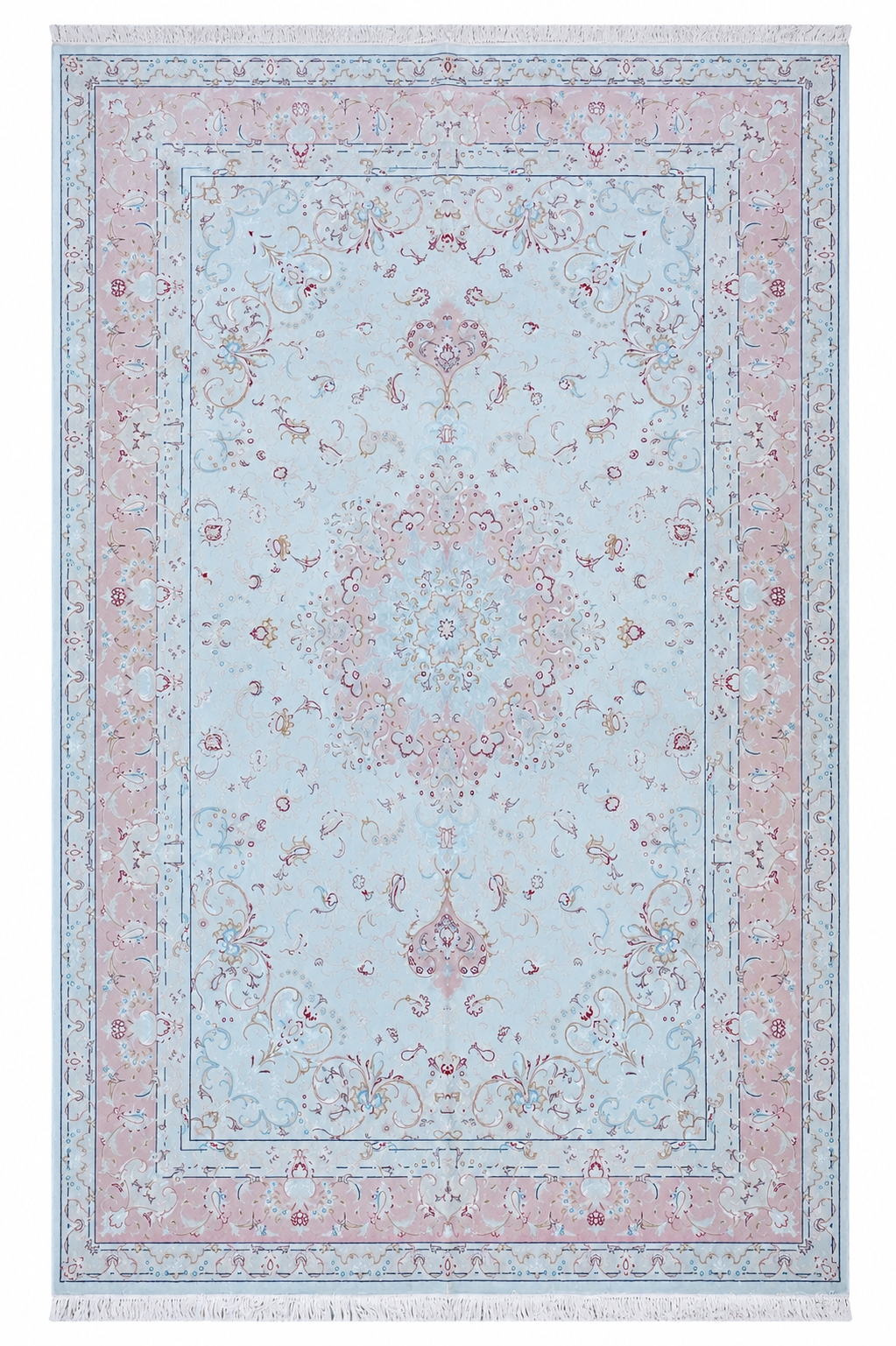 Tabriz Wool and Silk Cream Pink Fine Hand Knotted 10 X 7 FT