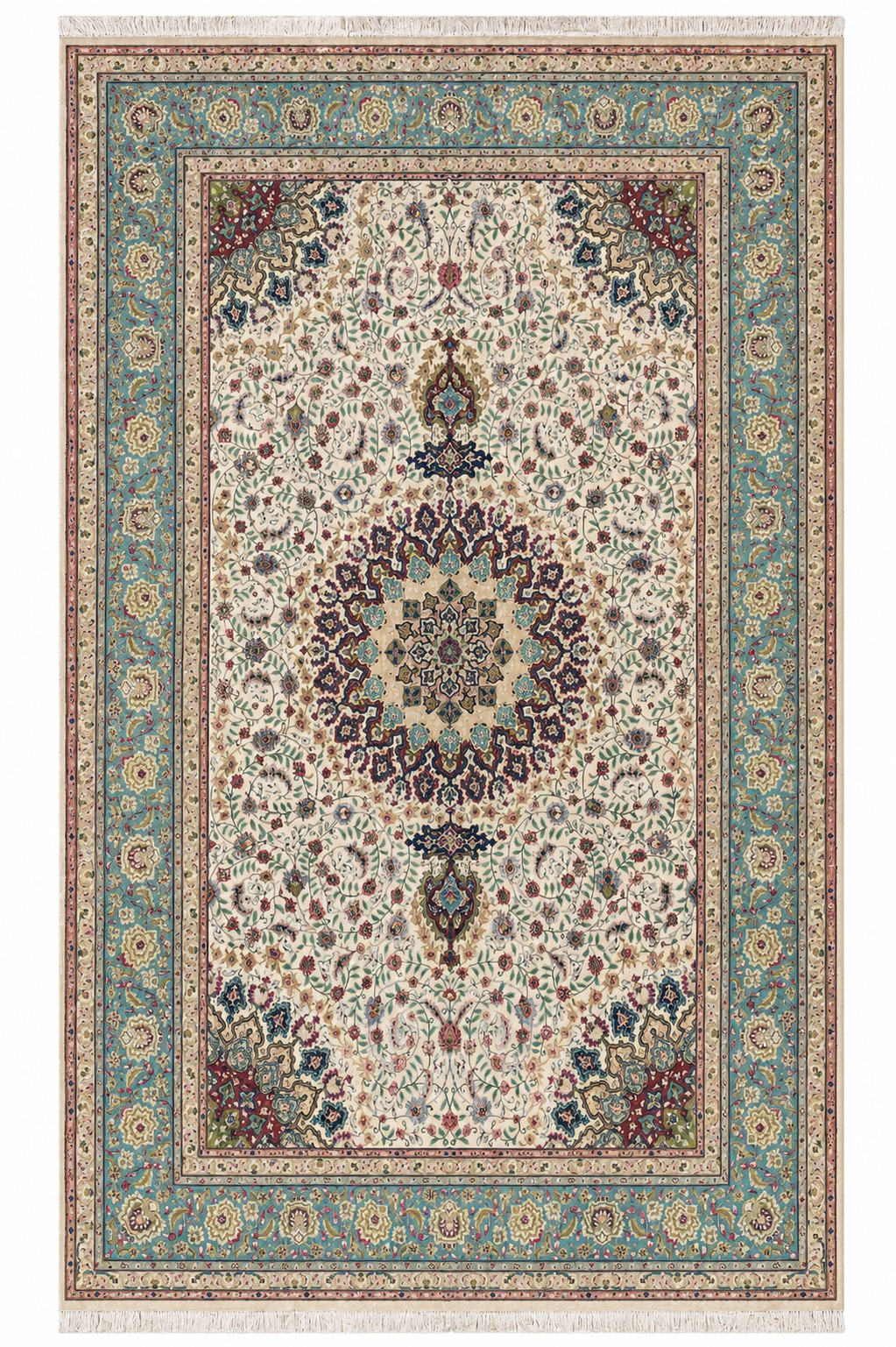Tabriz Wool and Silk Beige/Green Fine Hand Knotted 10 X 7 FT
