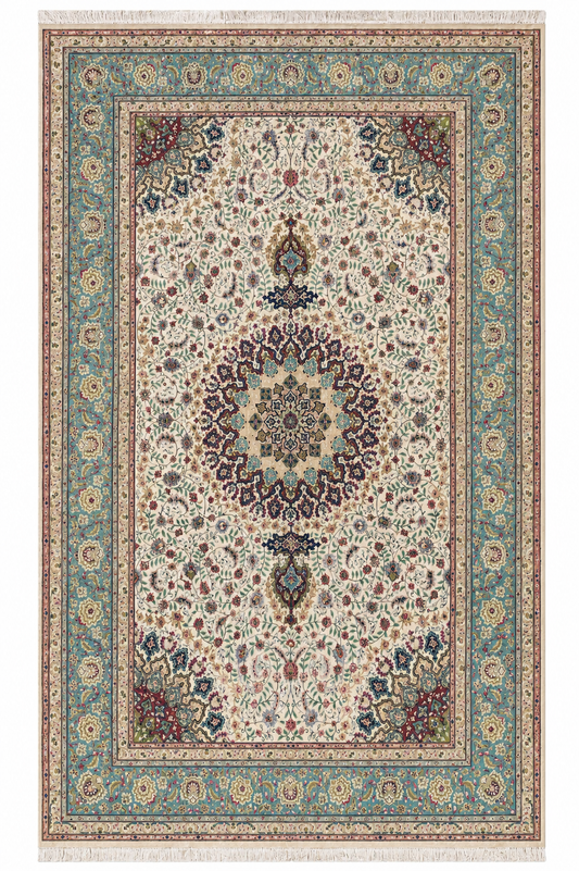 Tabriz Wool and Silk Beige/Green Fine Hand Knotted 10 X 7 FT