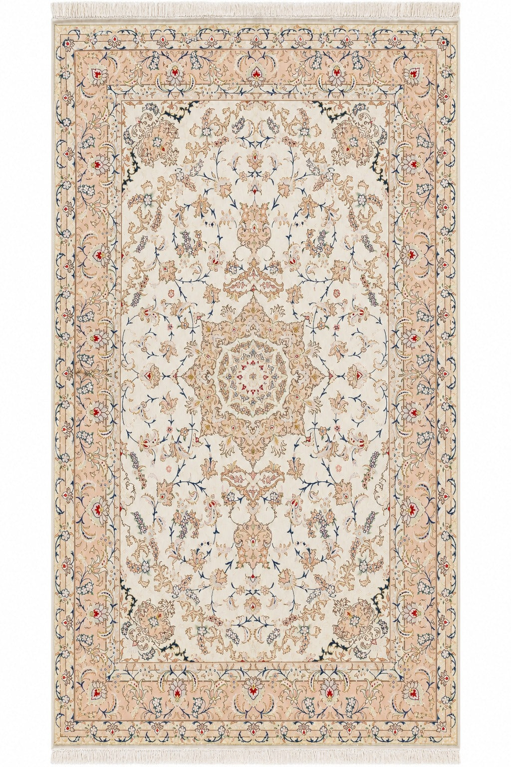 Tabriz Wool and Silk Cream/ Peach Fine Hand Knotted