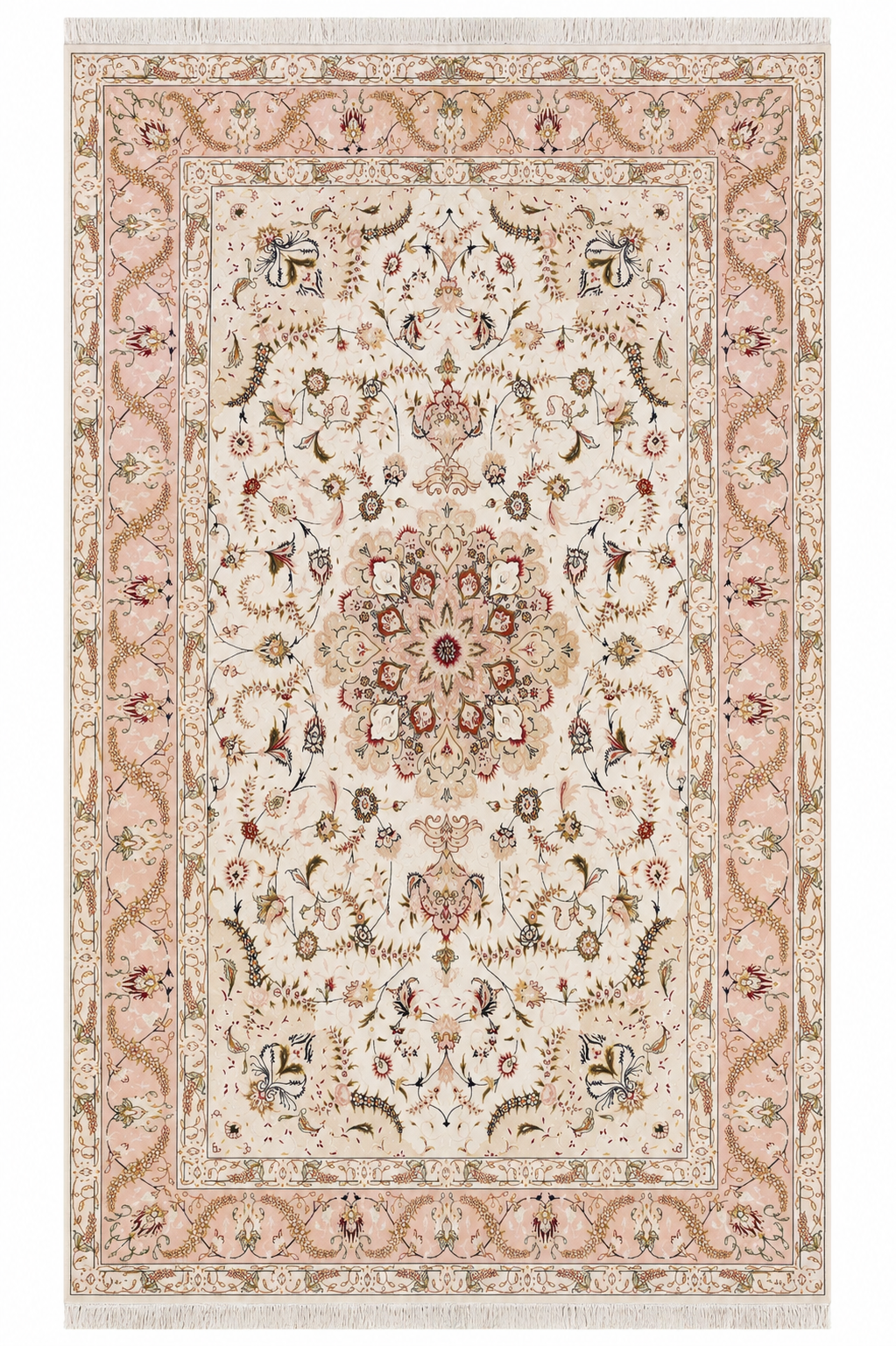 Tabriz Wool and Silk Cream/ Peach Fine Hand Knotted 10 by 7 FT