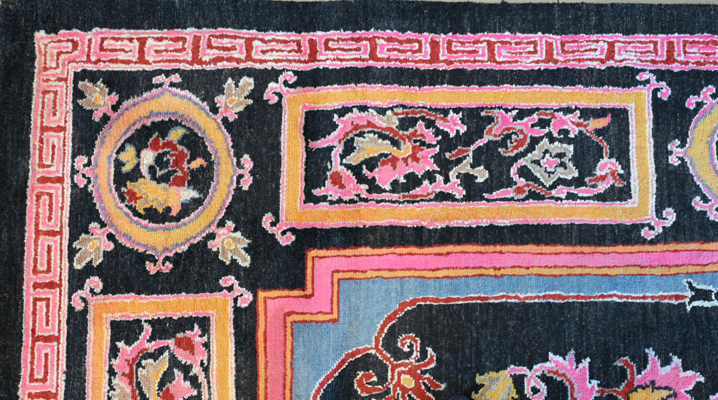 Chinese Design Handspun Wool Hand Knotted Black 12 X 9 FT