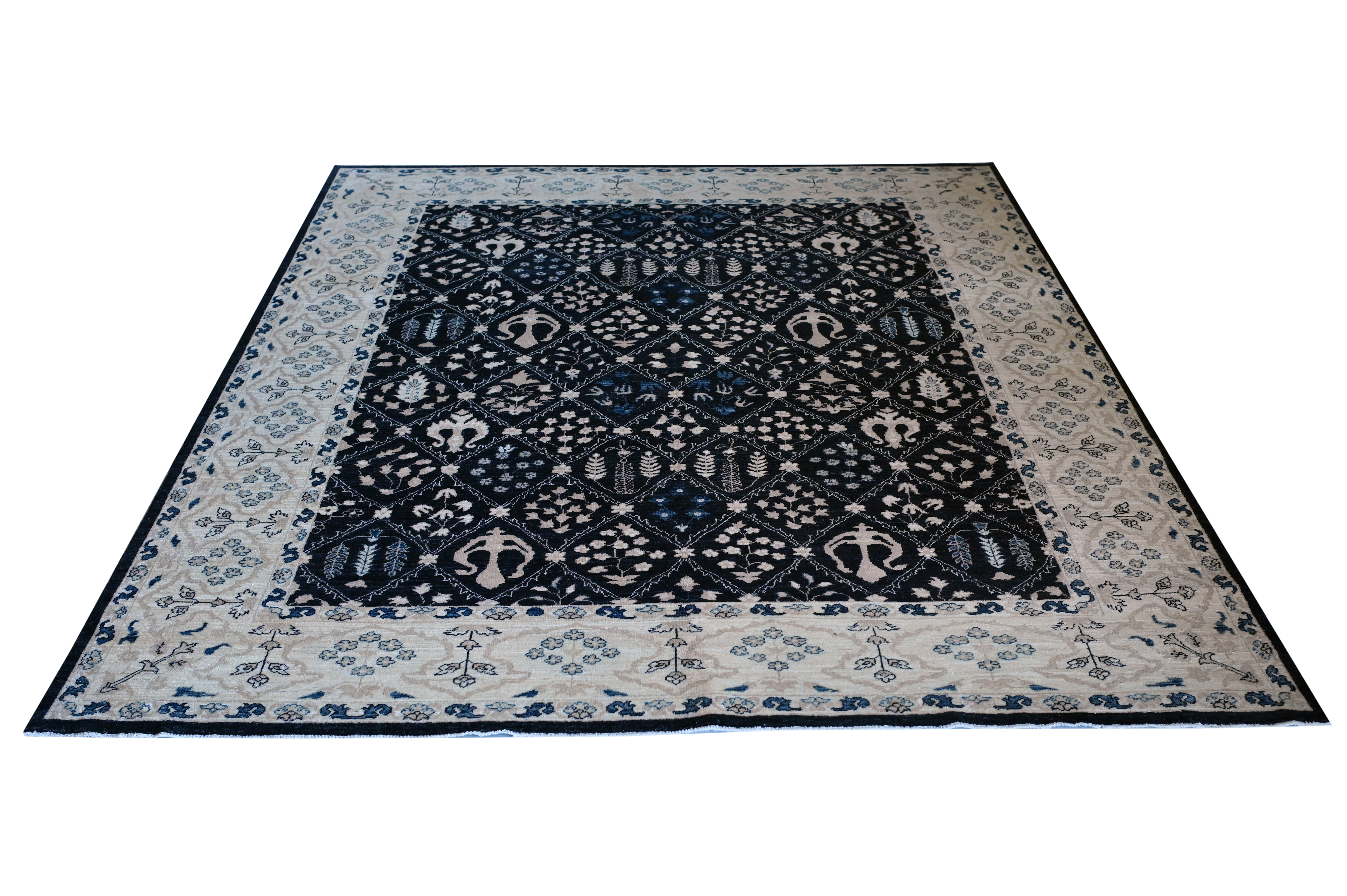 Black/Beige Hand Knotted Woolen Carpet 10 X 8 FT