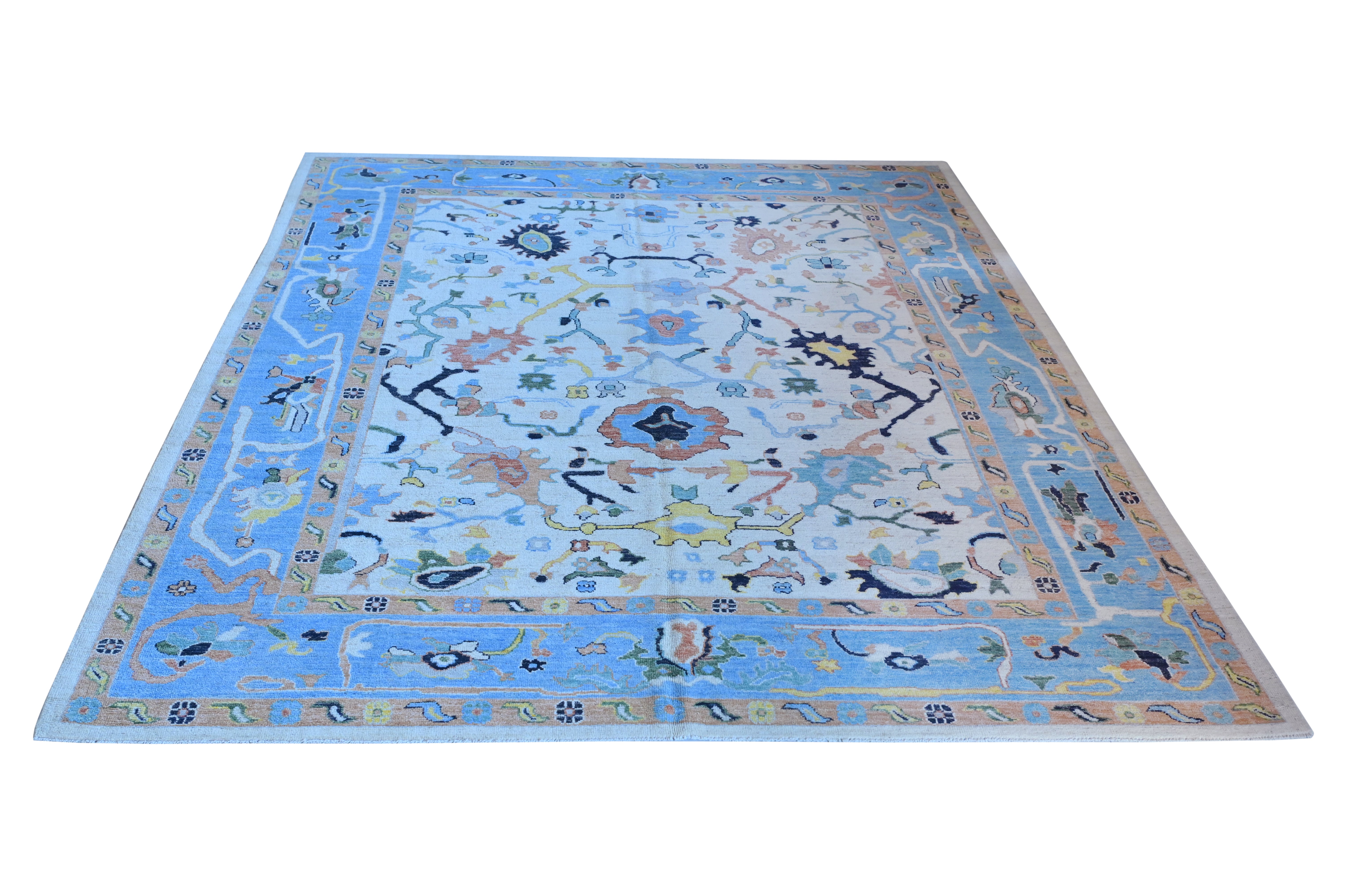 Hand Spun Wool Hand Knotted Loose Laid Carpet Blue/White 12 X 9 FT