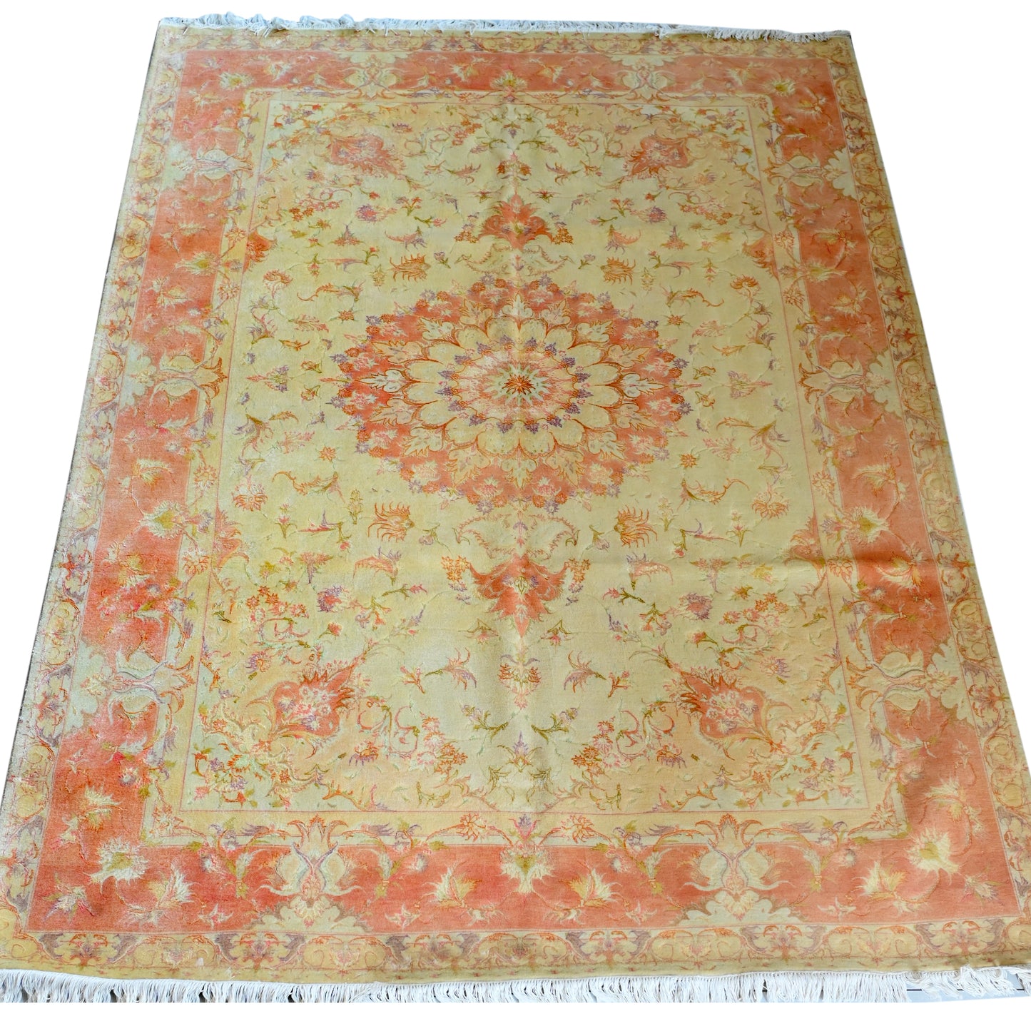 Tabriz Wool and Silk Cream Peach Fine Hand Knotted 10 X 7 FT