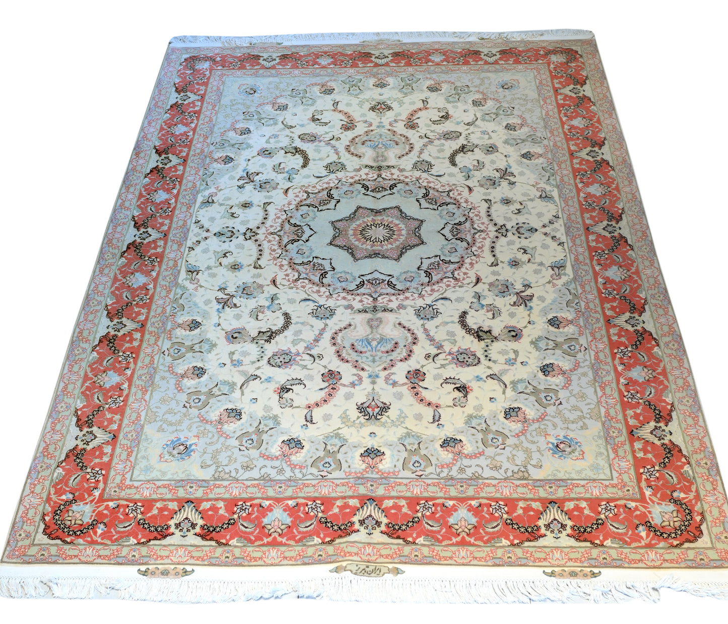 Tabriz Wool and Silk Cream/Peach Fine Hand Knotted 10 X 7 FT