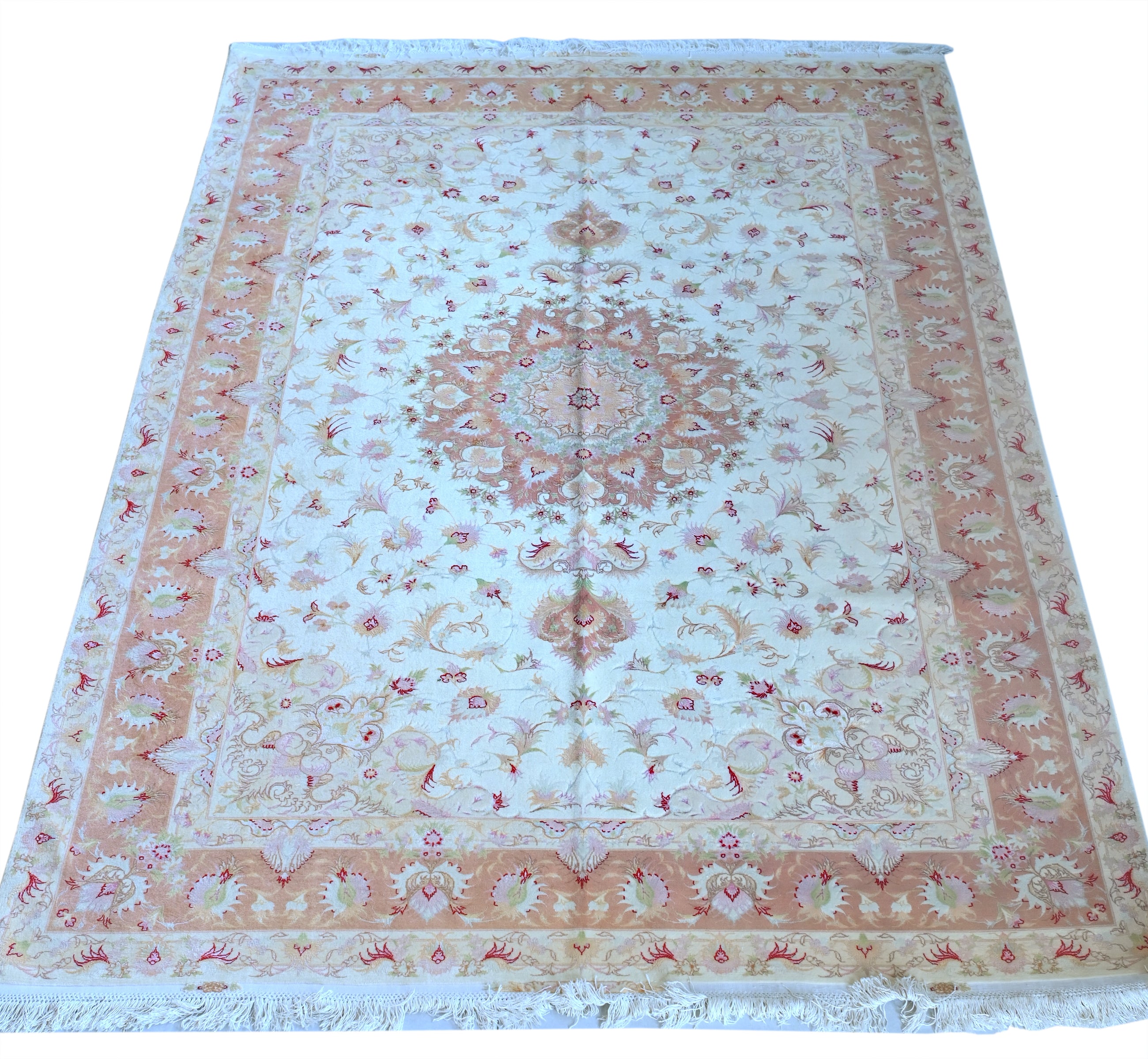 Tabriz Royal Wool and Silk on Silk Base Cream/Peach Fine Hand Knotted 10 X 7 FT