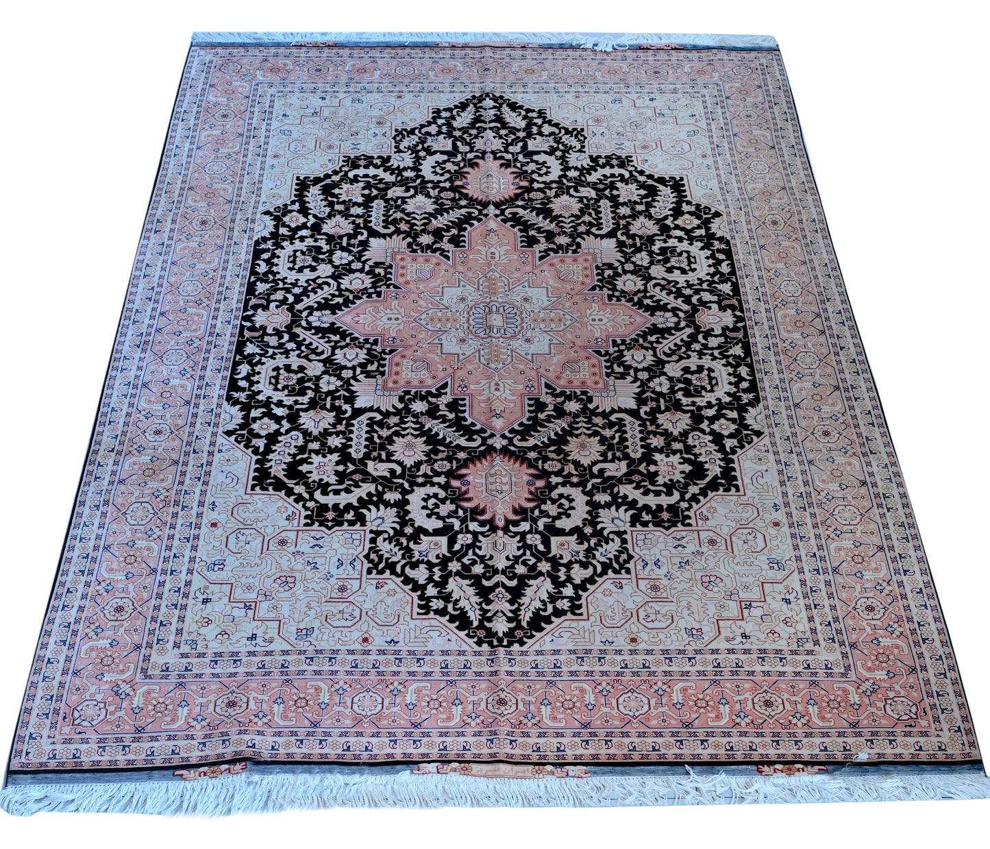 Tabriz Herez Wool and Silk Black/Pink Fine Hand Knotted 10 X 7 FT