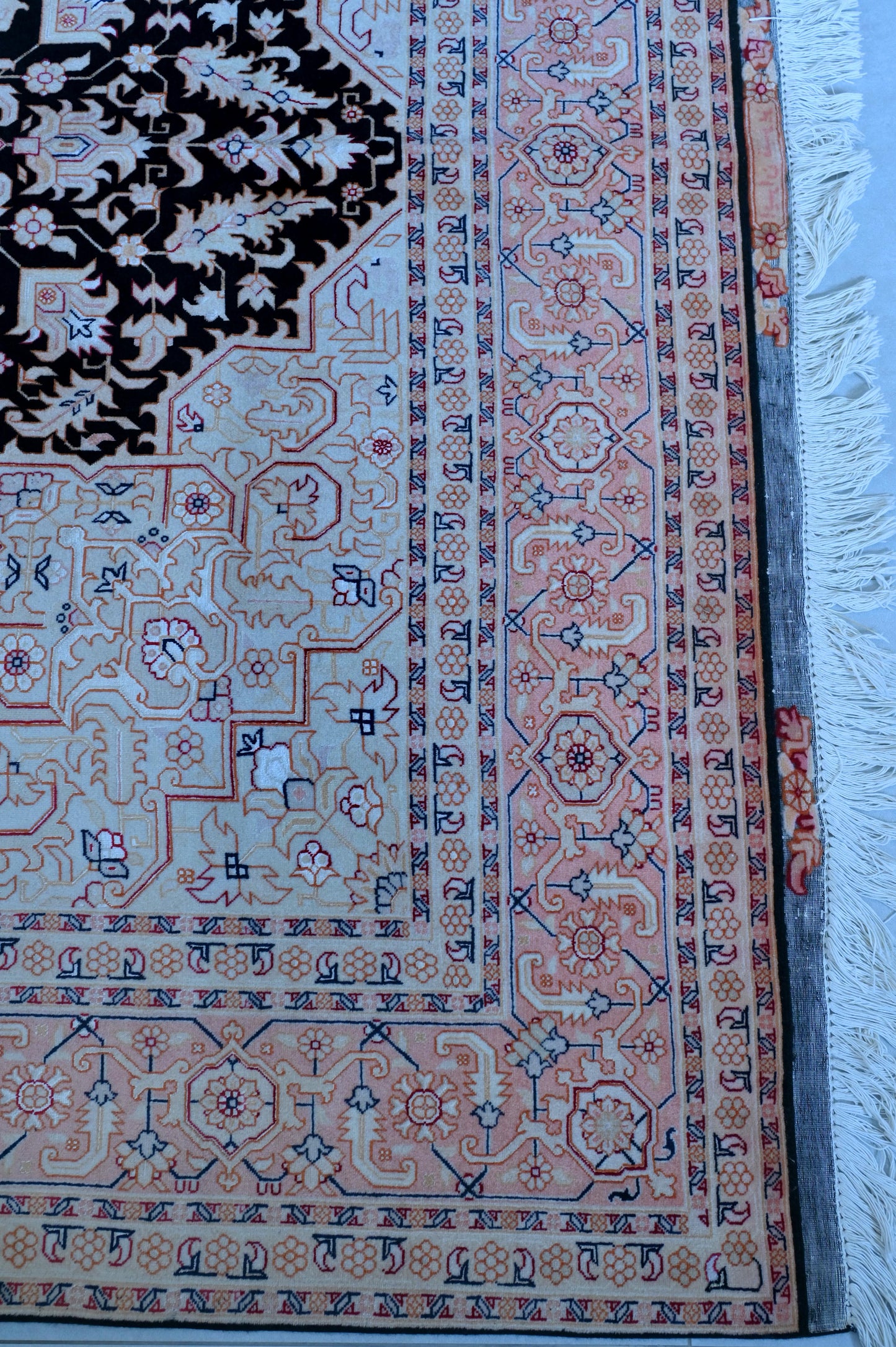 Tabriz Herez Wool and Silk Black/Pink Fine Hand Knotted 10 X 7 FT