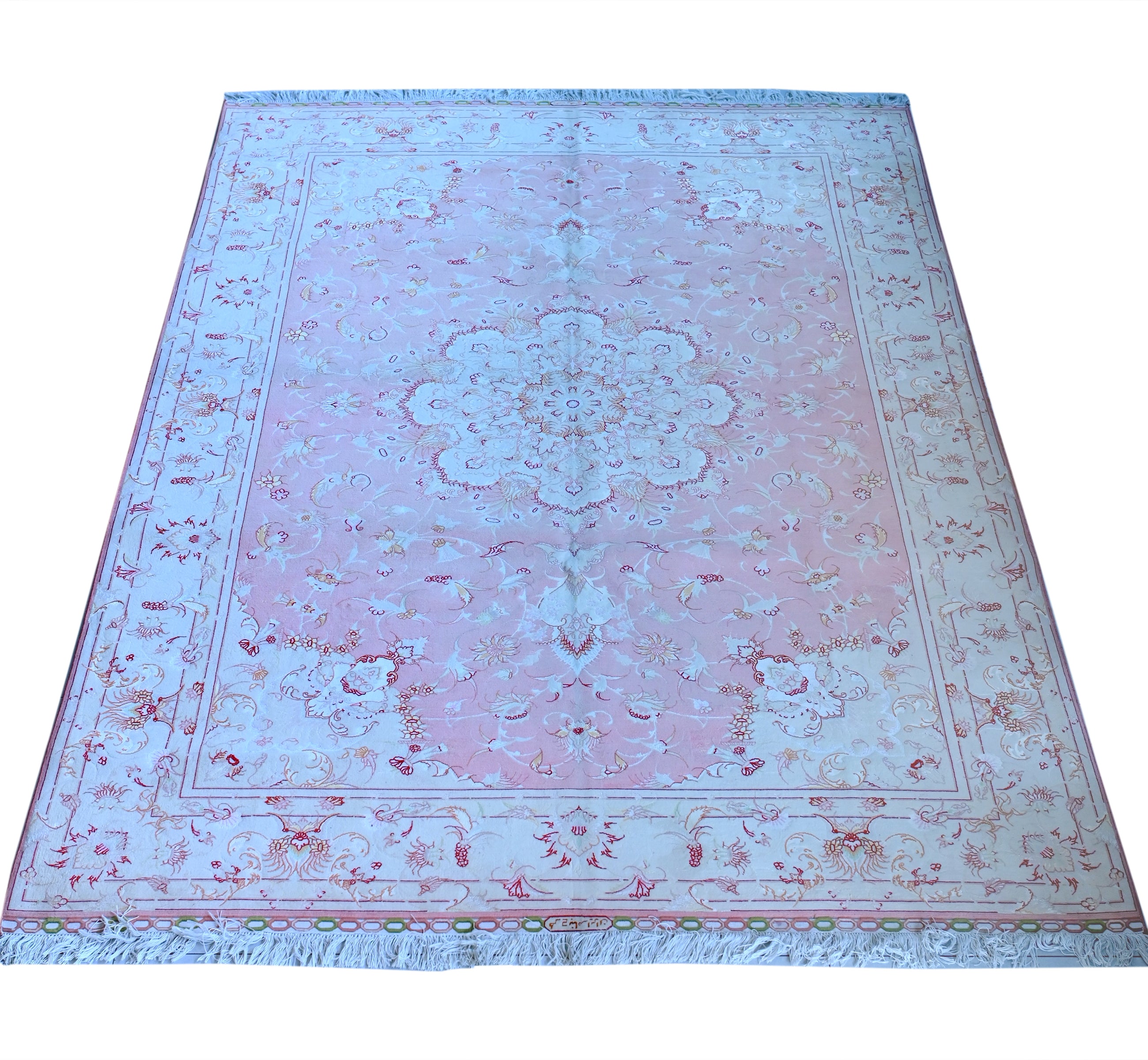 Tabriz Wool and Silk Pink/Cream Fine Hand Knotted 10 X 7 FT