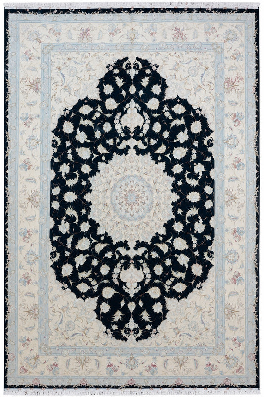 Tabriz wool and silk, black/beige , fine hand knotted 10 X 7 FT