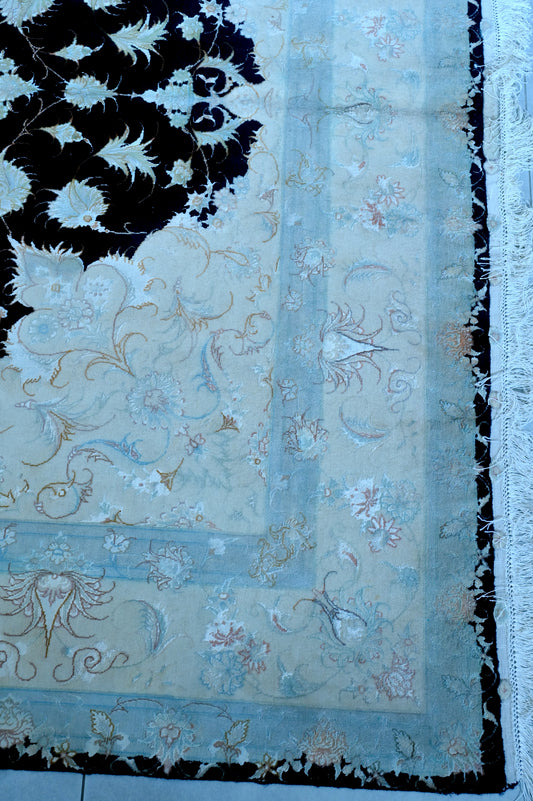 Tabriz wool and silk, black/beige , fine hand knotted 10 X 7 FT
