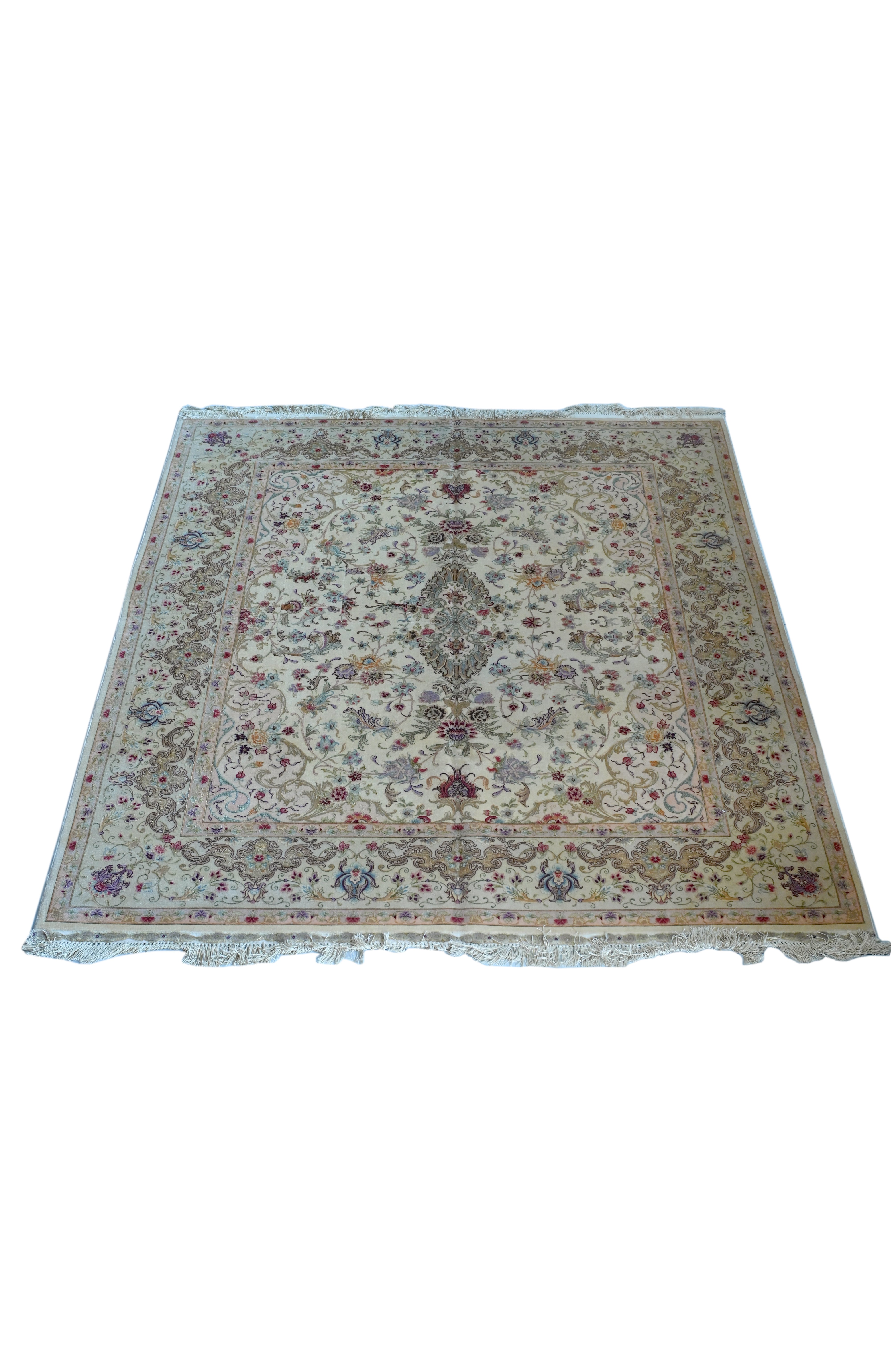Tabriz Royal Wool and Silk on Silk Base Gold Beige Fine Hand Knotted 8 X 6.5 FT