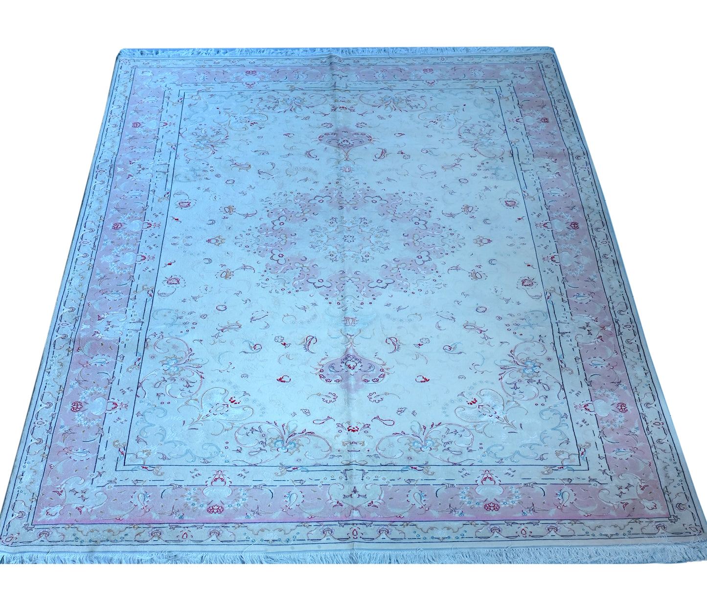 Tabriz Wool and Silk Cream Pink Fine Hand Knotted 10 X 7 FT