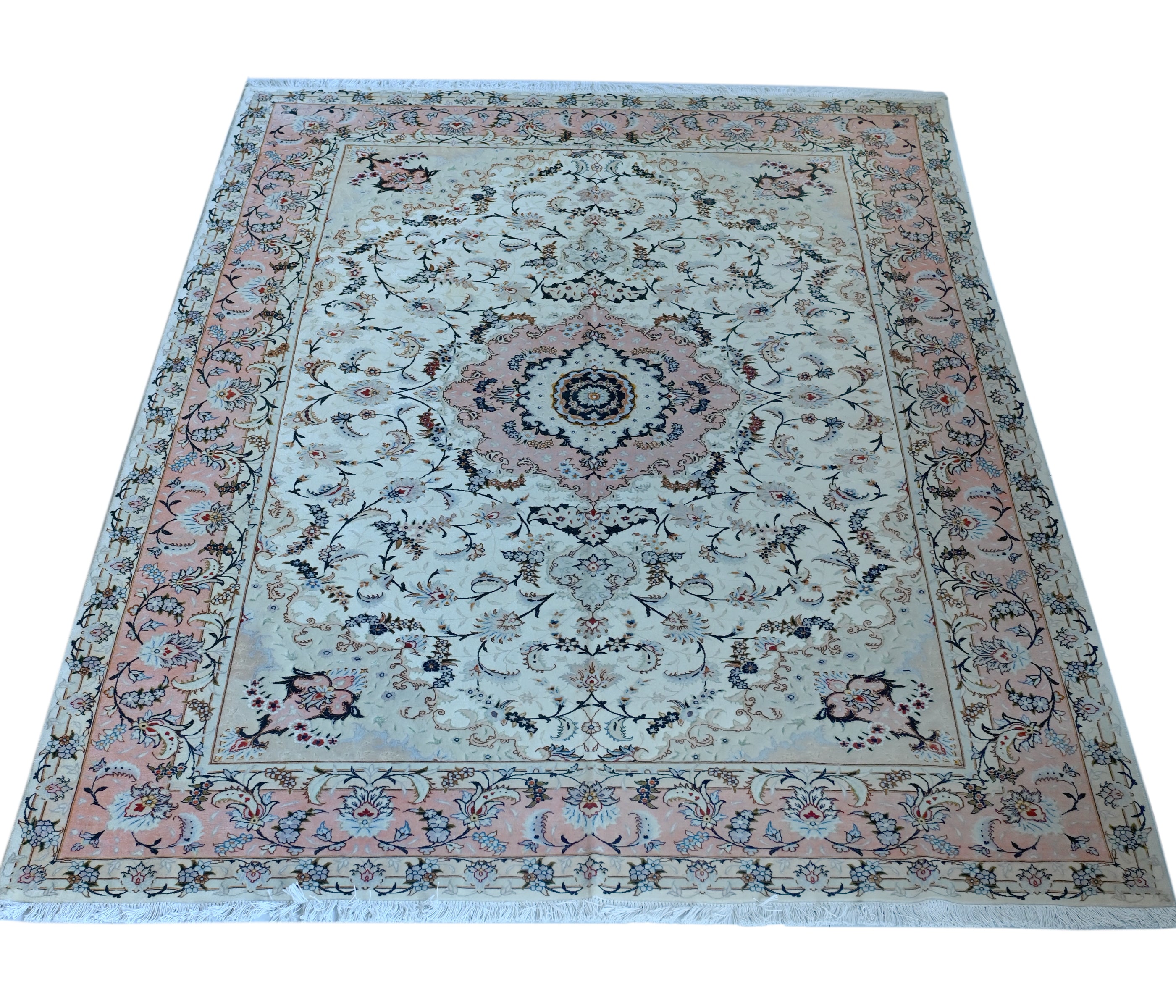 Tabriz Wool and Silk Cream/ Peach Fine Hand Knotted 10 X 7 FT