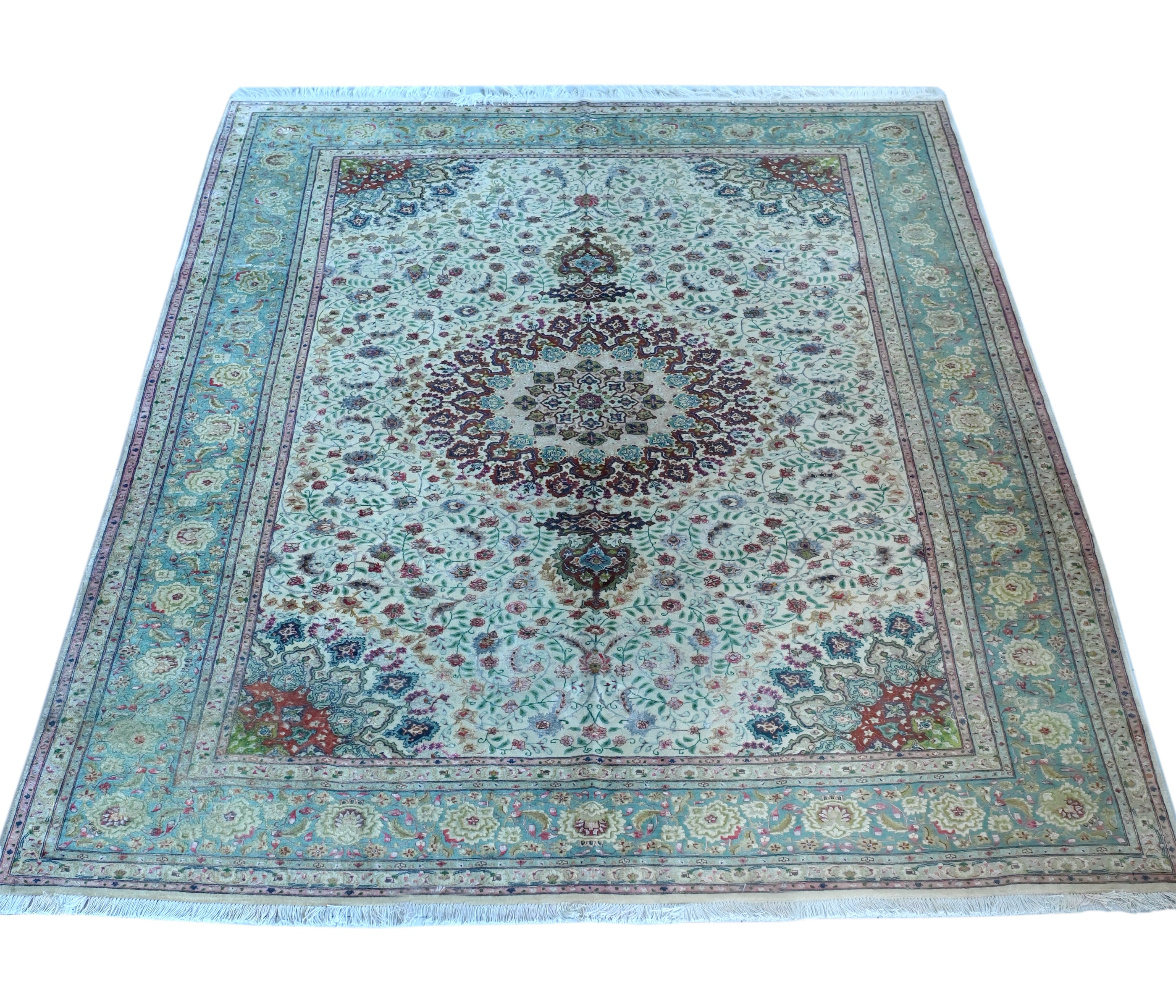 Tabriz Wool and Silk Beige/Green Fine Hand Knotted 10 X 7 FT