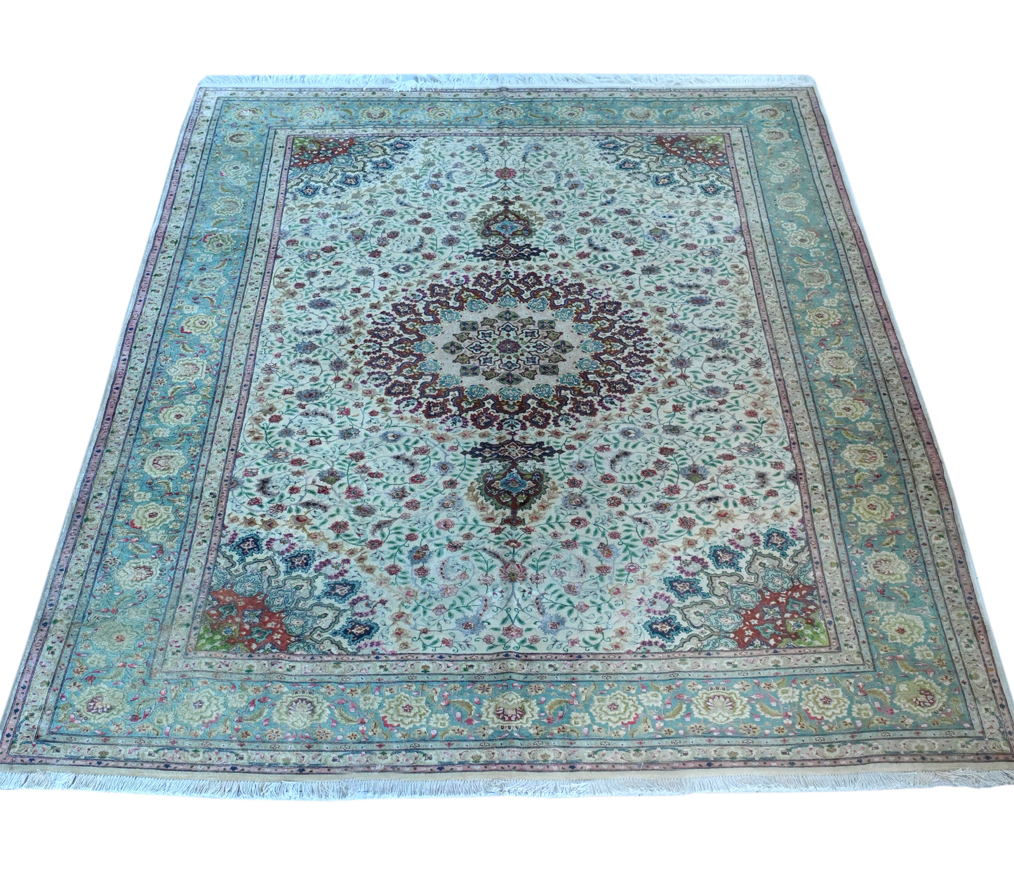 Tabriz Wool and Silk Beige/Green Fine Hand Knotted 10 X 7 FT
