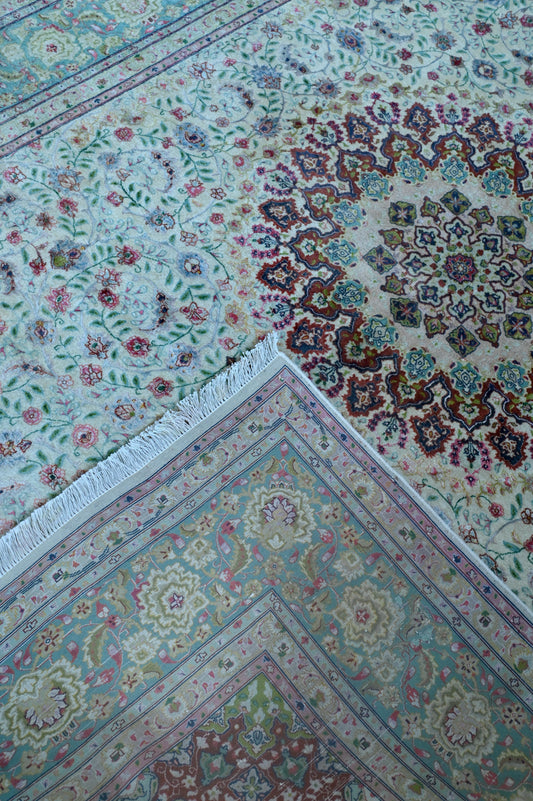 Tabriz Wool and Silk Beige/Green Fine Hand Knotted 10 X 7 FT