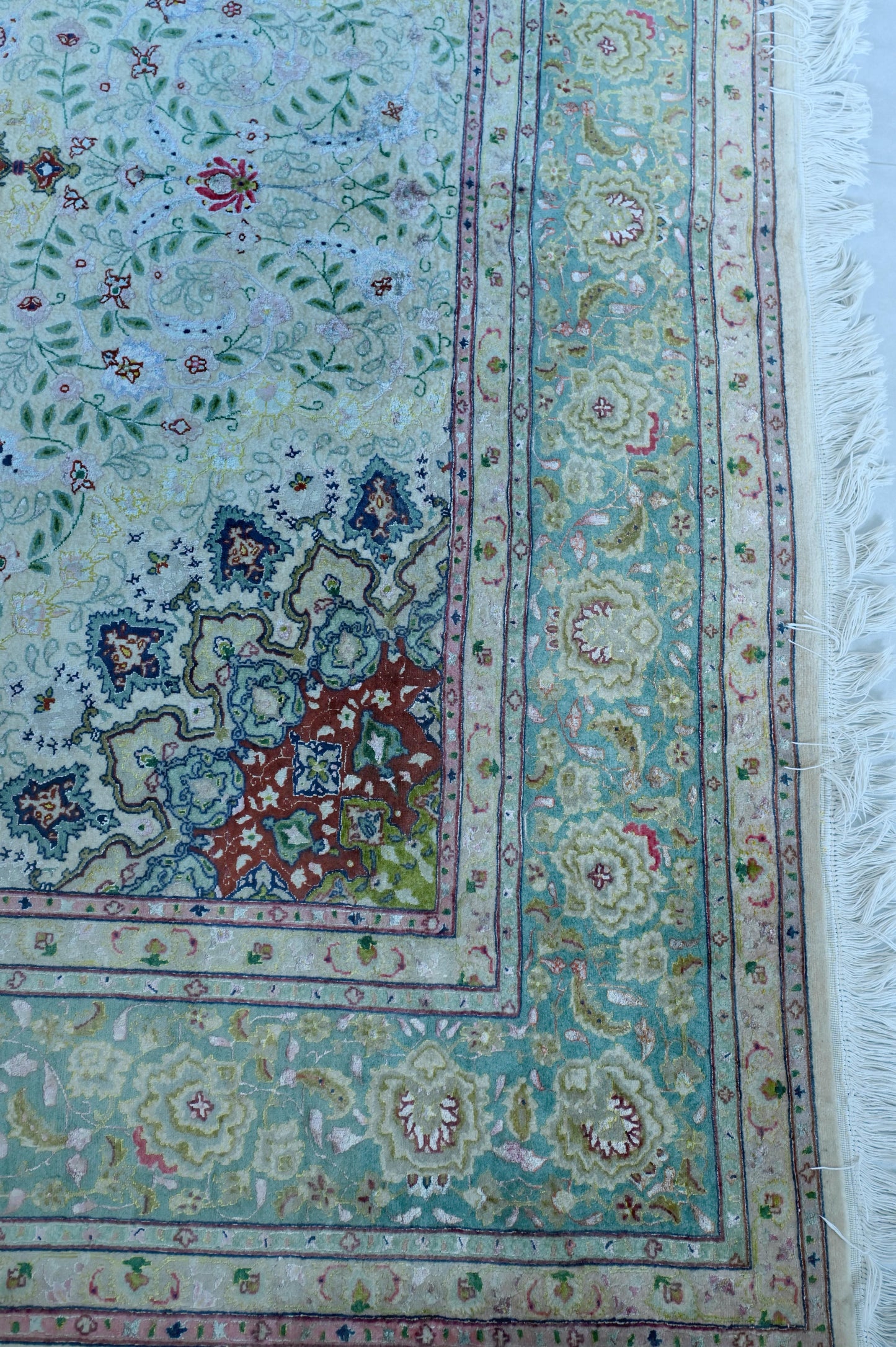 Tabriz Wool and Silk Beige/Green Fine Hand Knotted 10 X 7 FT