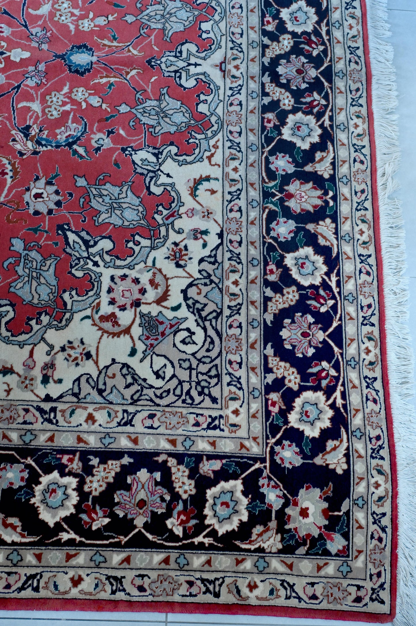 Tabriz Wool and Silk Maroon/Black Fine Hand Knotted 10 X 7 FT
