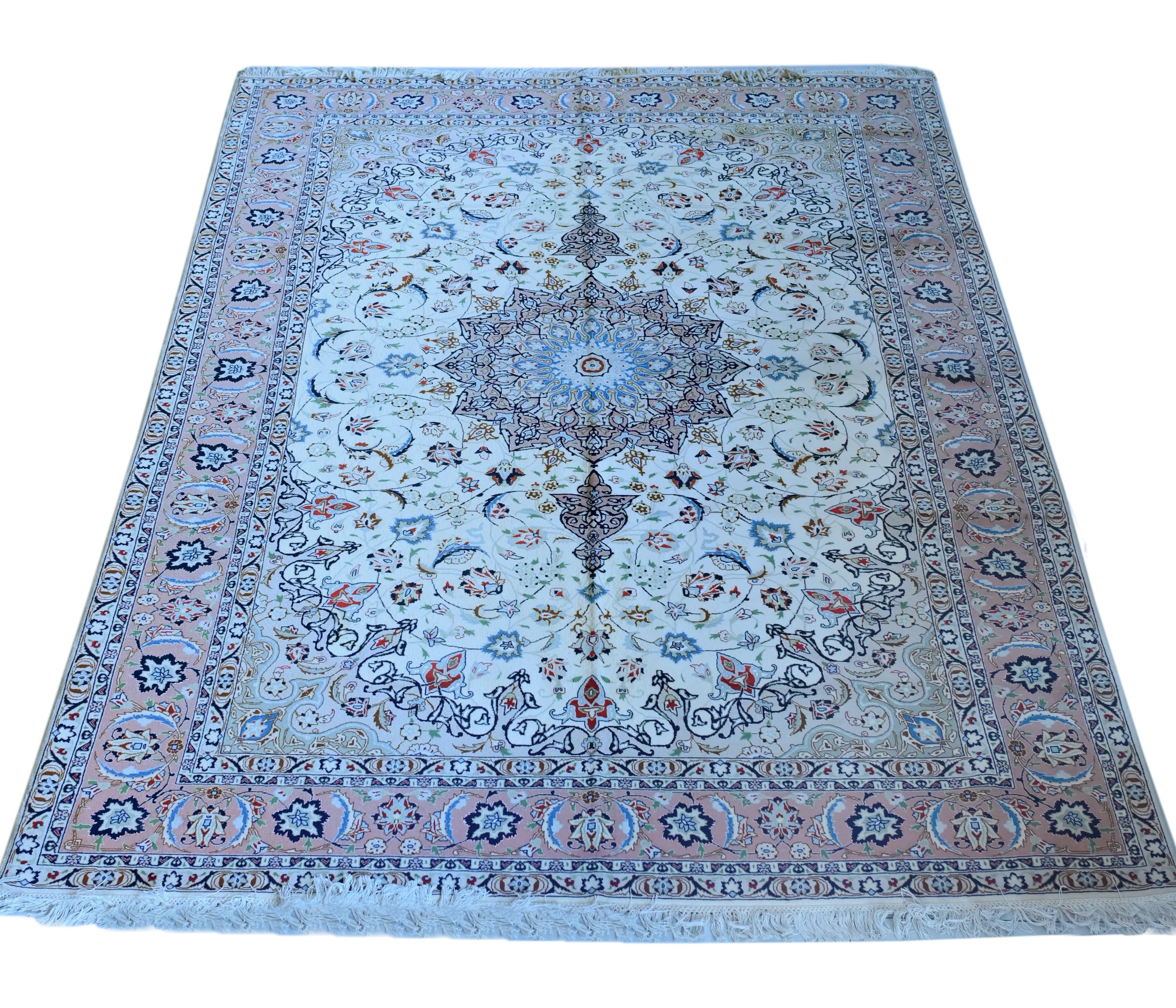 Ispahan Wool and Silk Cream/Brown Fine Hand Knotted 10 X 7 FT