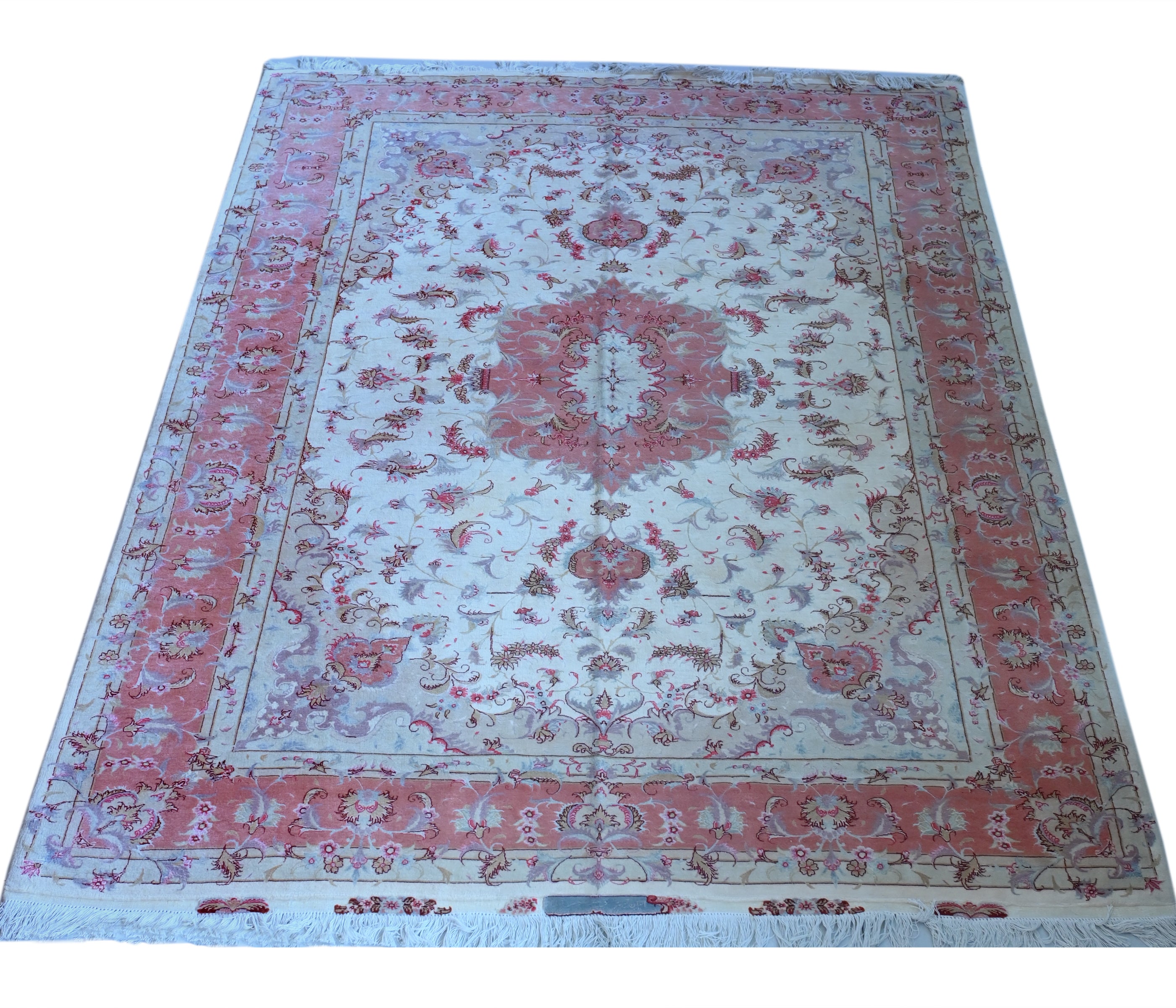 Tabriz Wool and Silk Cream/ Peach Fine Hand Knotted 10 X 7 FT