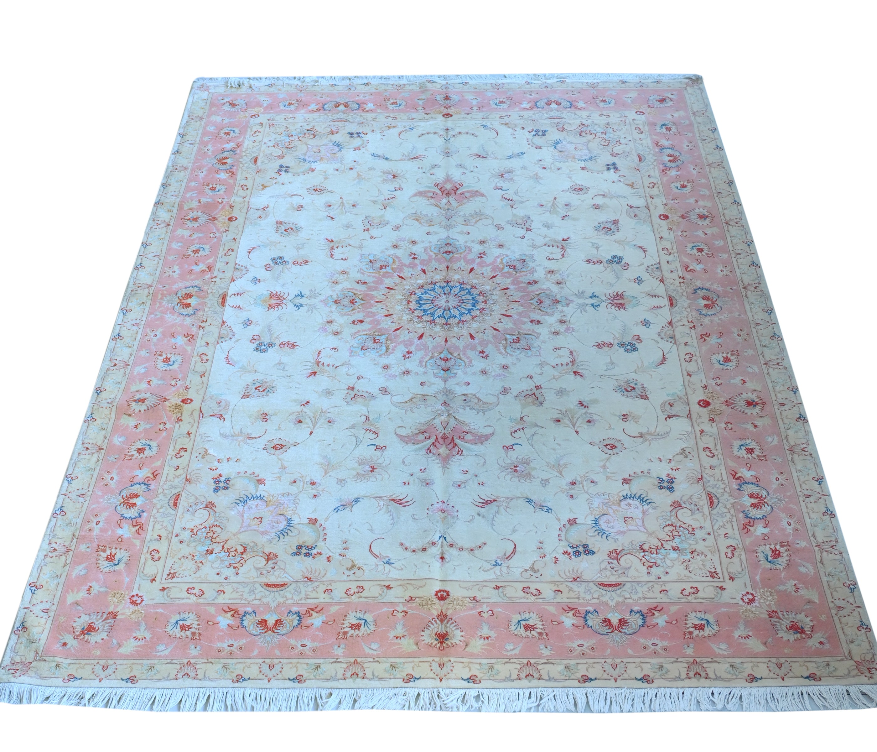 Tabriz Wool and Silk Cream Pink Fine Hand Knotted 10 X 7 FT