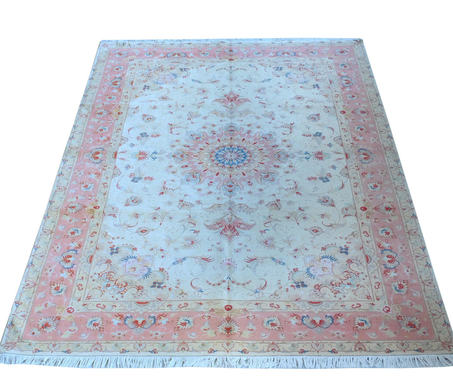 Tabriz Wool and Silk Cream Pink Fine Hand Knotted 10 X 7 FT