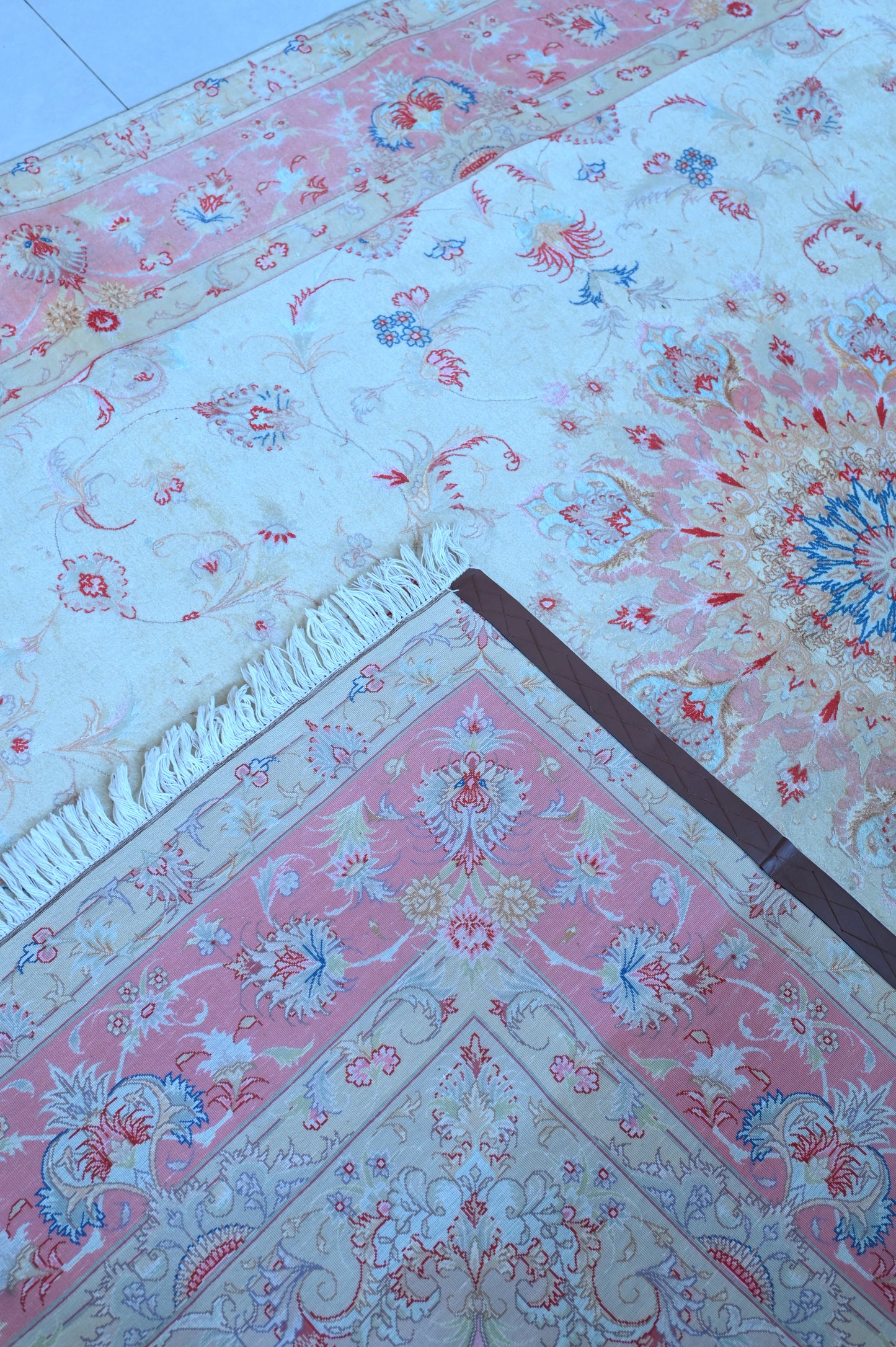 Tabriz Wool and Silk Cream Pink Fine Hand Knotted 10 X 7 FT