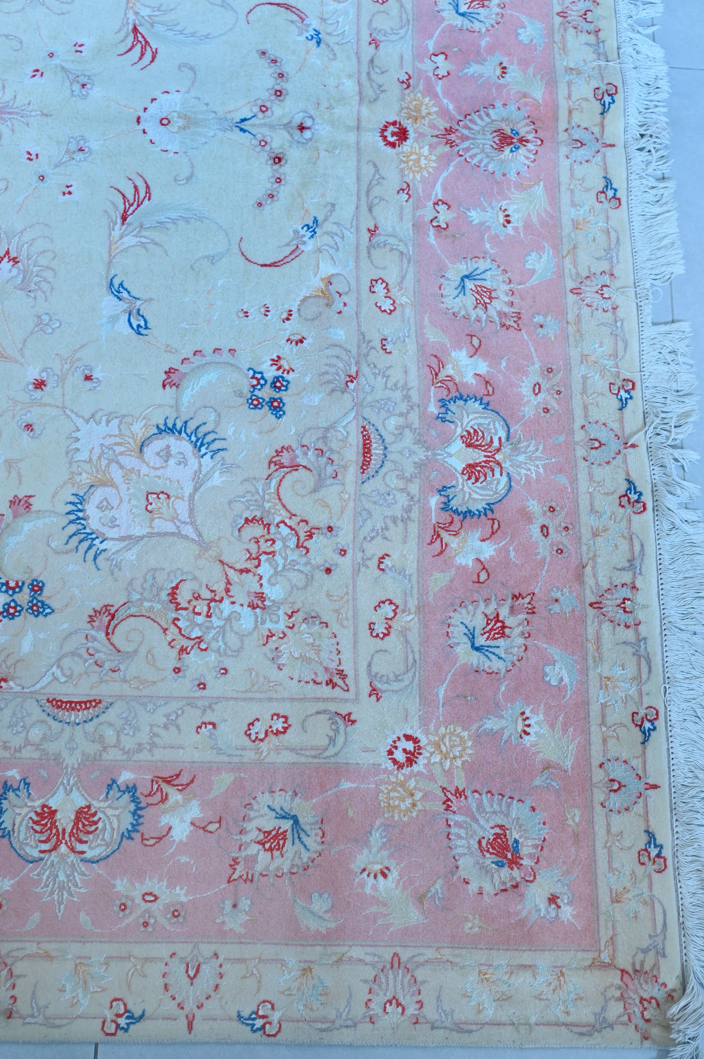 Tabriz Wool and Silk Cream Pink Fine Hand Knotted 10 X 7 FT