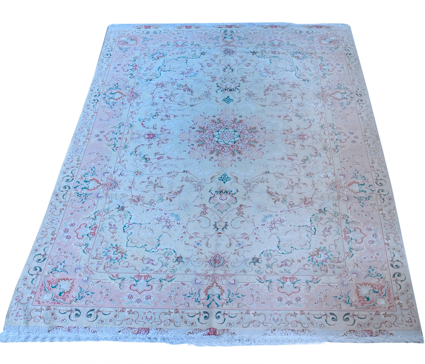 Tabriz Royal Wool and Silk on Silk Base Gold/Beige Fine Hand Knotted 10 X 7 FT