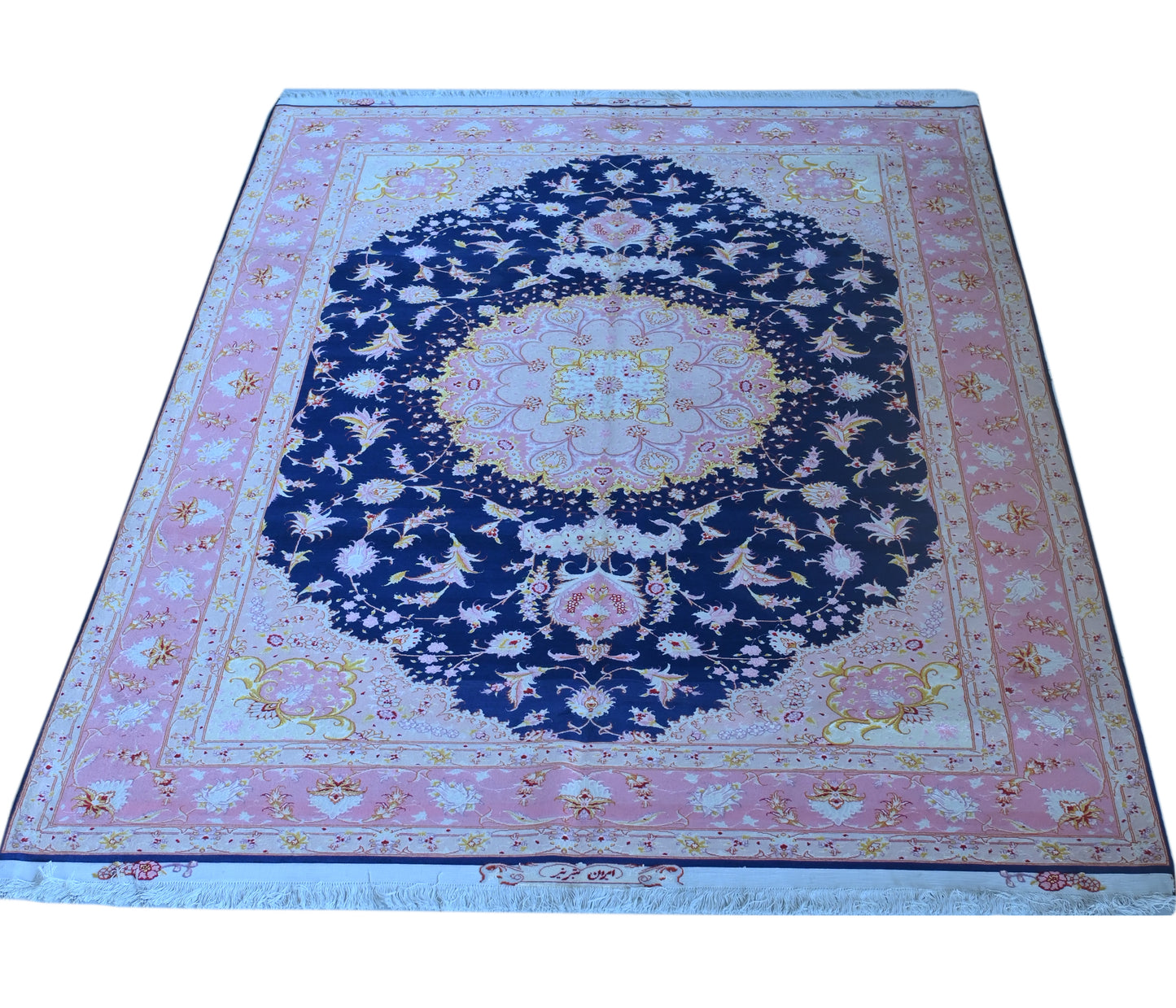 Tabriz Royal Wool and Silk on Silk Base Blue/Pink Fine Hand Knotted 10 X 7 FT