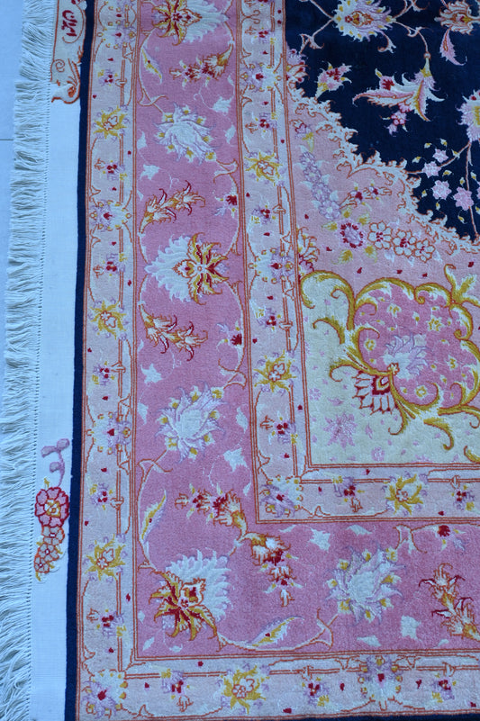 Tabriz Royal Wool and Silk on Silk Base Blue/Pink Fine Hand Knotted 10 X 7 FT