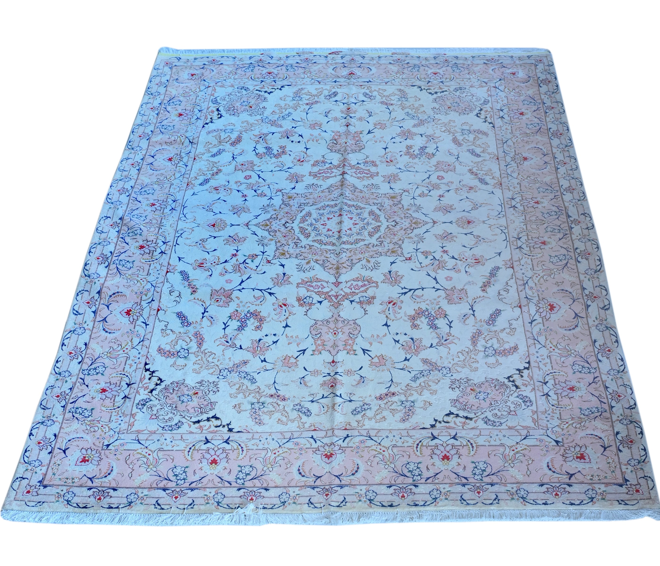 Tabriz Wool and Silk Cream/ Peach Fine Hand Knotted 10 X 7 FT