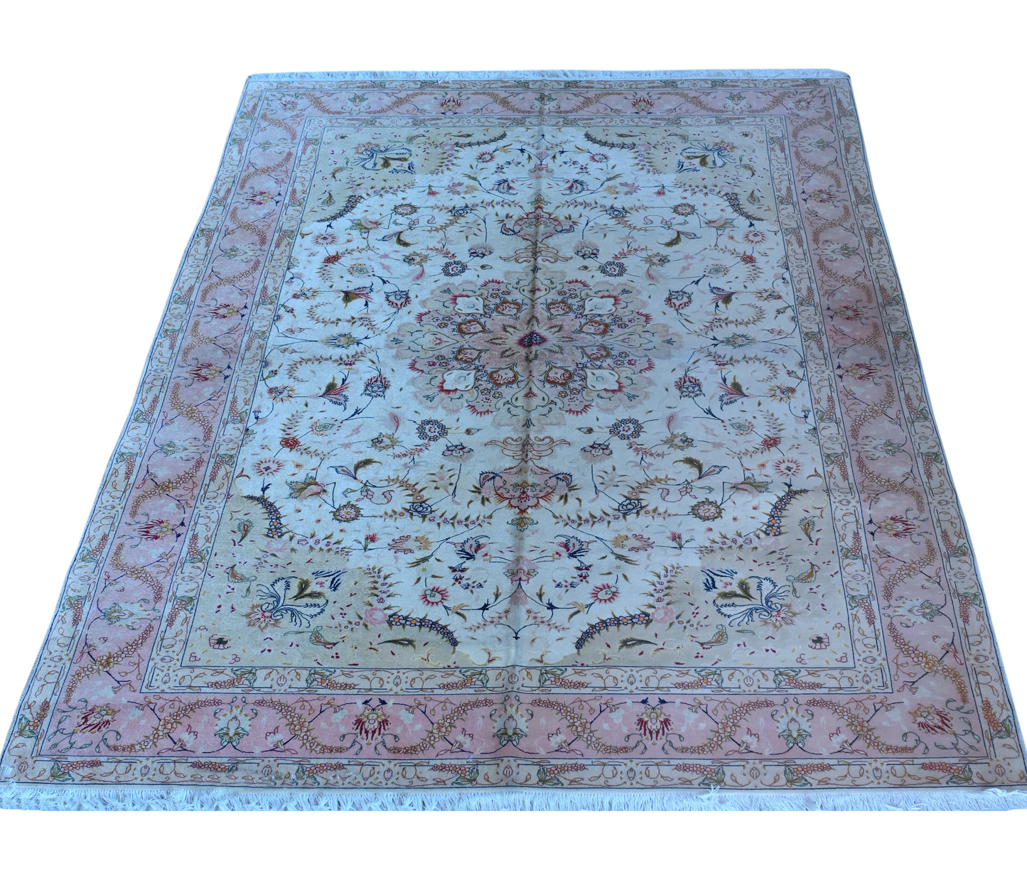 Tabriz Wool and Silk Cream/ Peach Fine Hand Knotted 10 by 7 FT