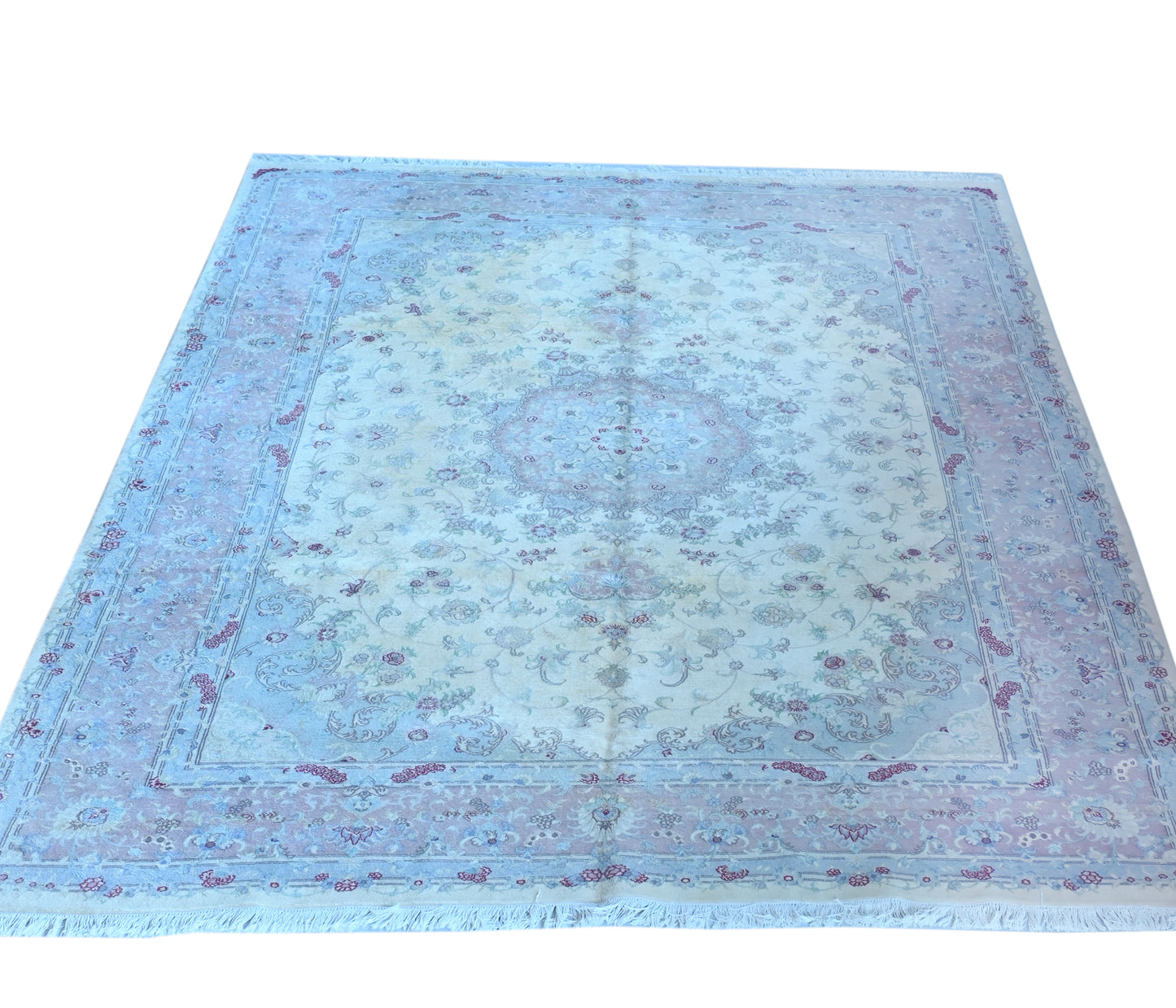 Tabriz Wool and Silk Cream Pink Fine Hand Knotted 11 X 8 FT