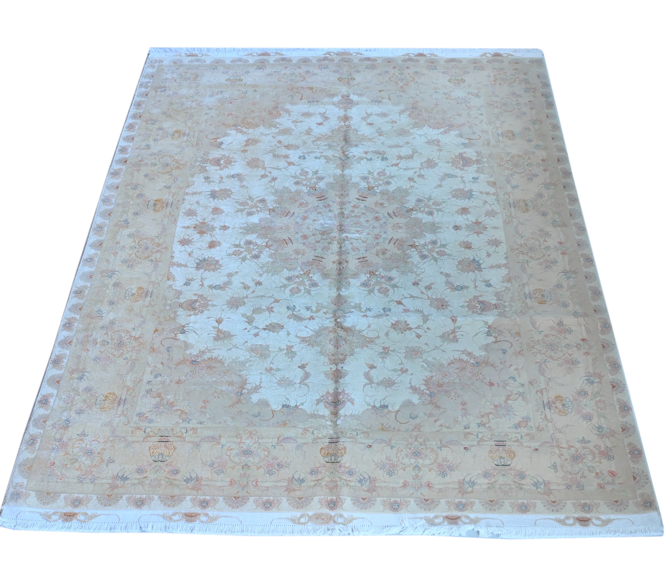 Tabriz Wool and Silk Cream/Beige Fine Hand Knotted 10 X 7 FT